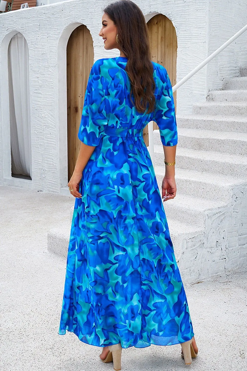 Blue Abstract Print Belted Side Slits Maxi Dress