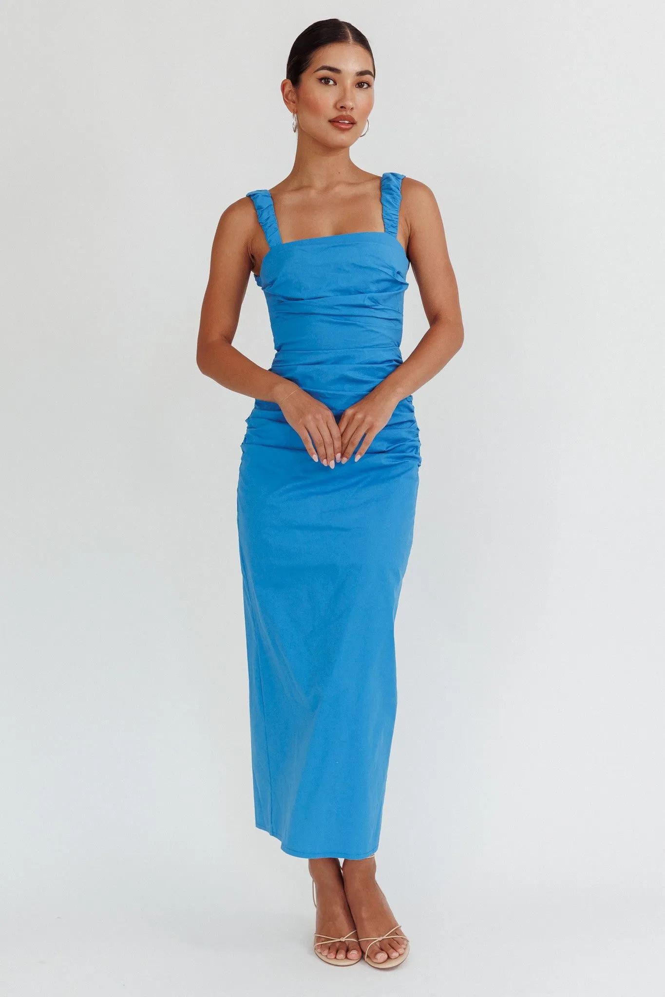 Blue Sleeveless Ruched Design Maxi Dress