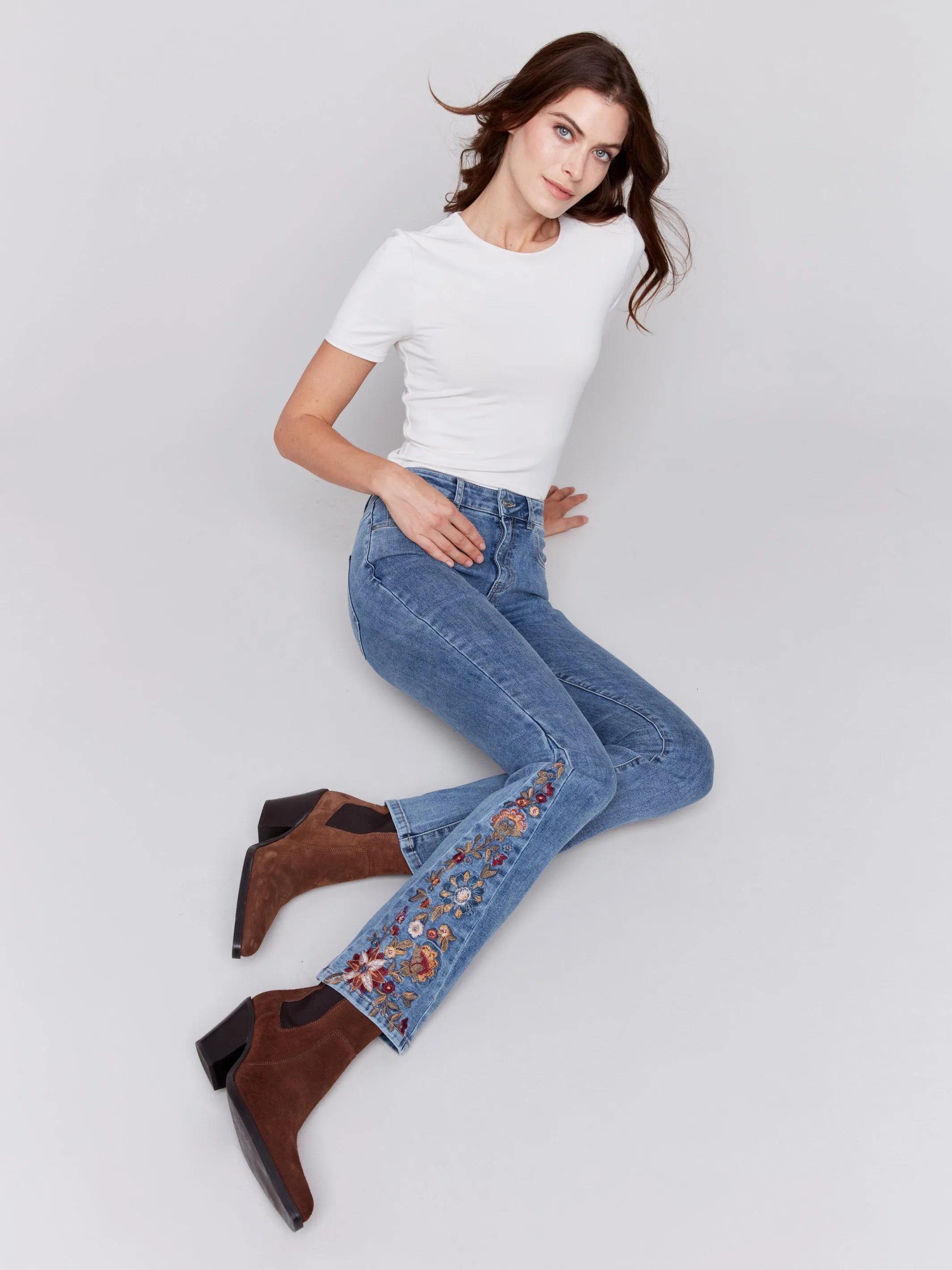 Bootcut Jeans with Floral Embroidery - Medium Blue