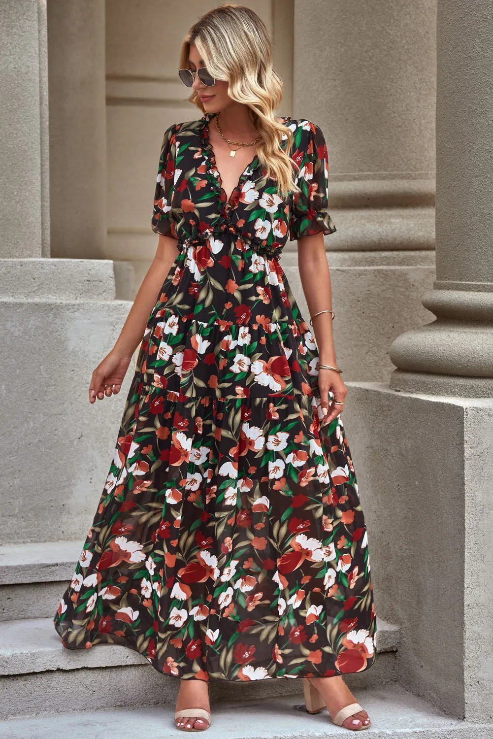 Botanical Floral V-Neck Short Flounce Sleeve Dress