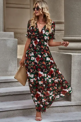 Botanical Floral V-Neck Short Flounce Sleeve Dress