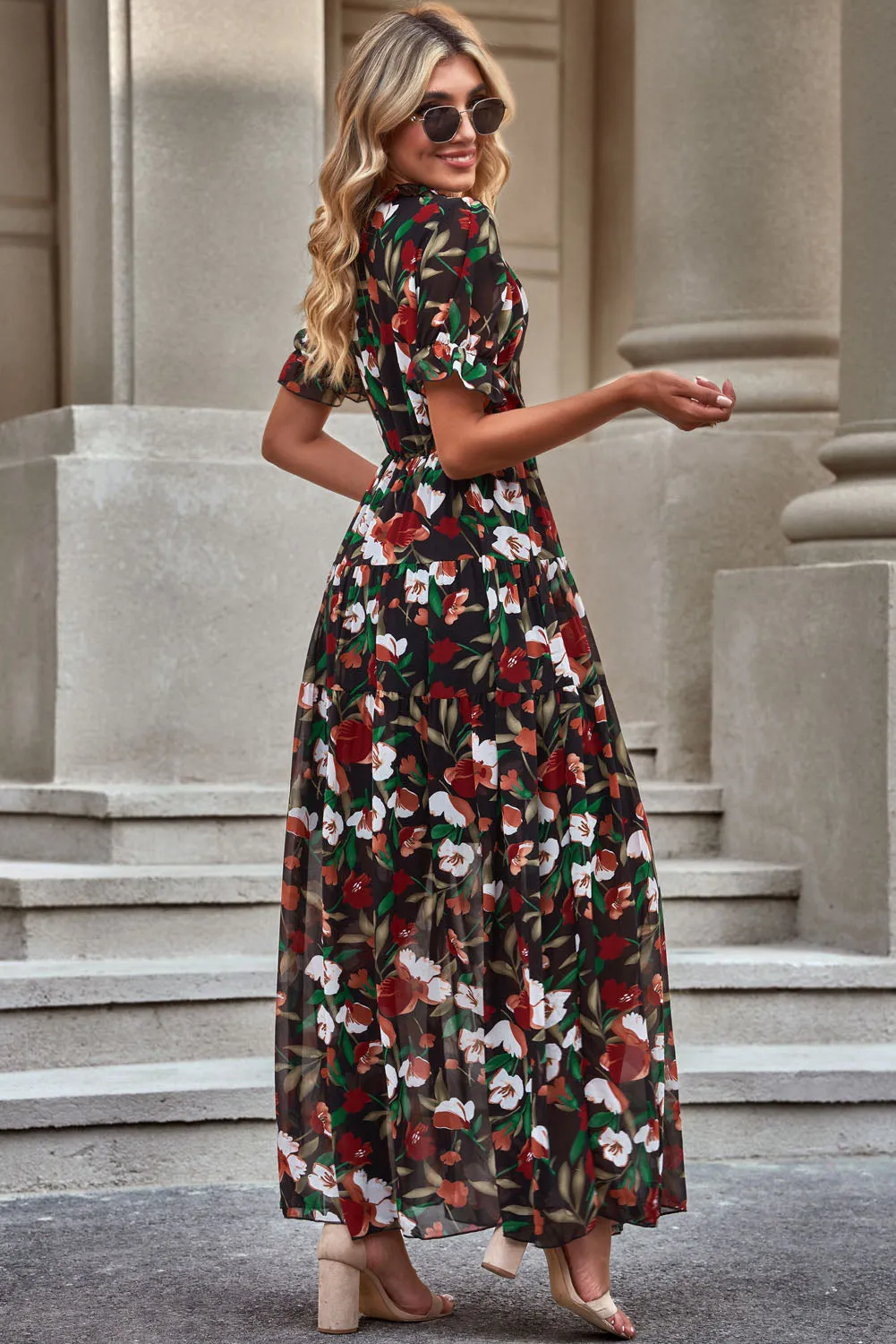 Botanical Floral V-Neck Short Flounce Sleeve Dress