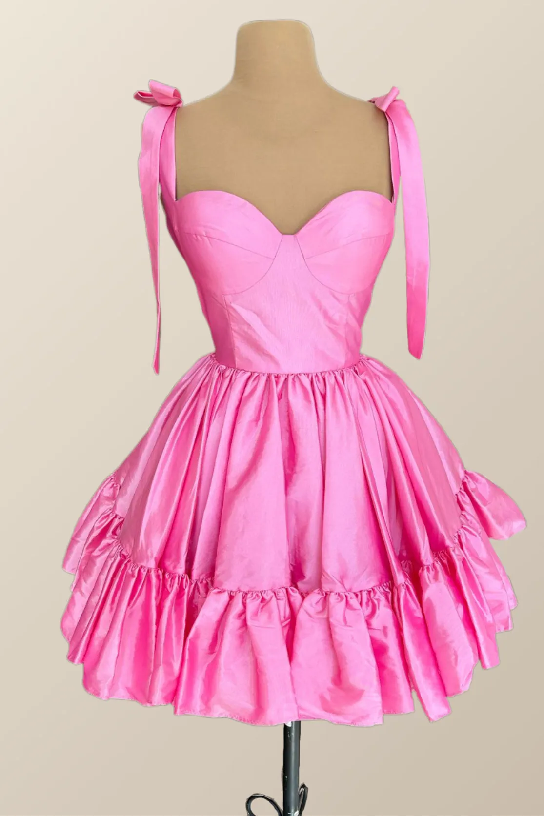 Bow Straps Pink A-line Short Princess Dress