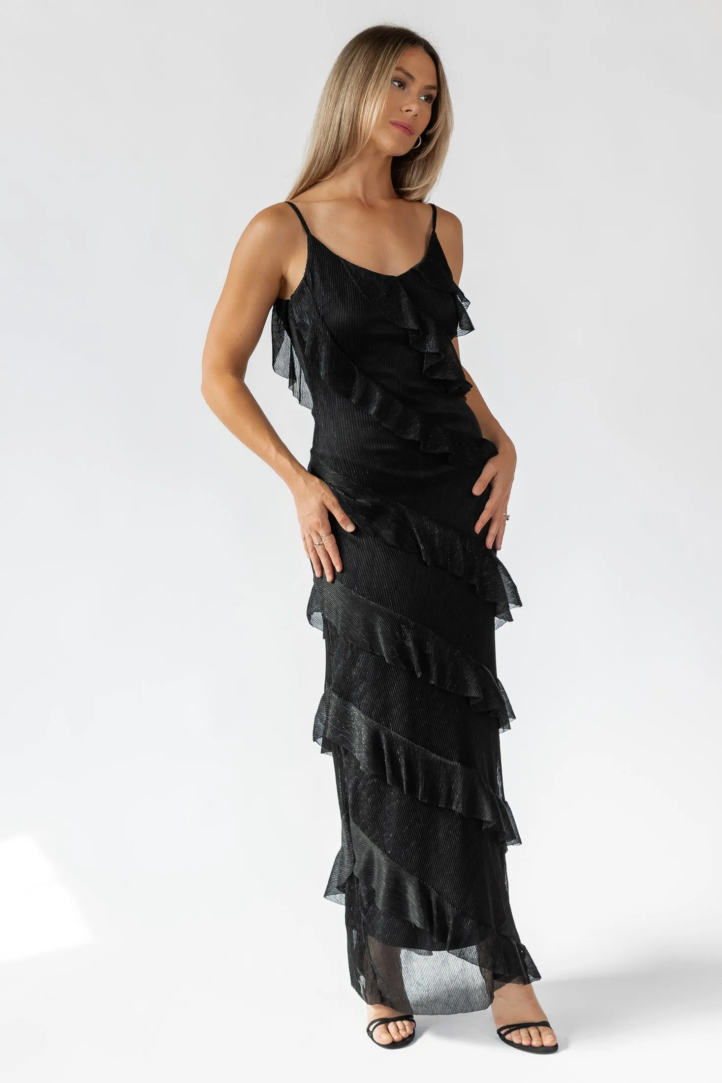 Caelyn Black Metallic Ruffle Maxi Dress - Final Sale