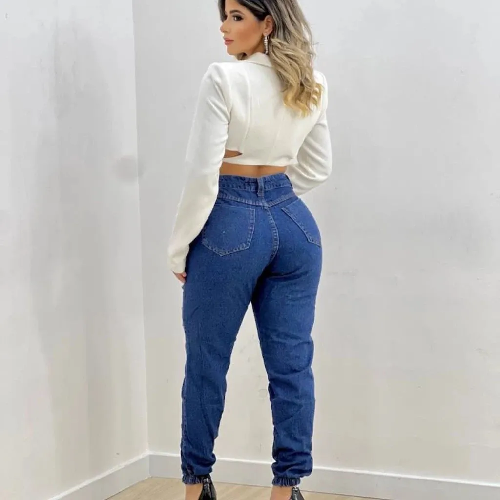 Calça Jeans Feminina Cintura Alta Levanta Bumbum Blogueira Pantalona Curta Jogger  Skinny