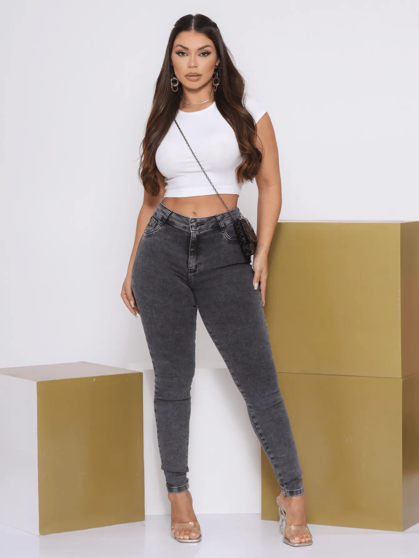 Calça jeans Feminina Grafite Com Lycra Cós Alto Premium