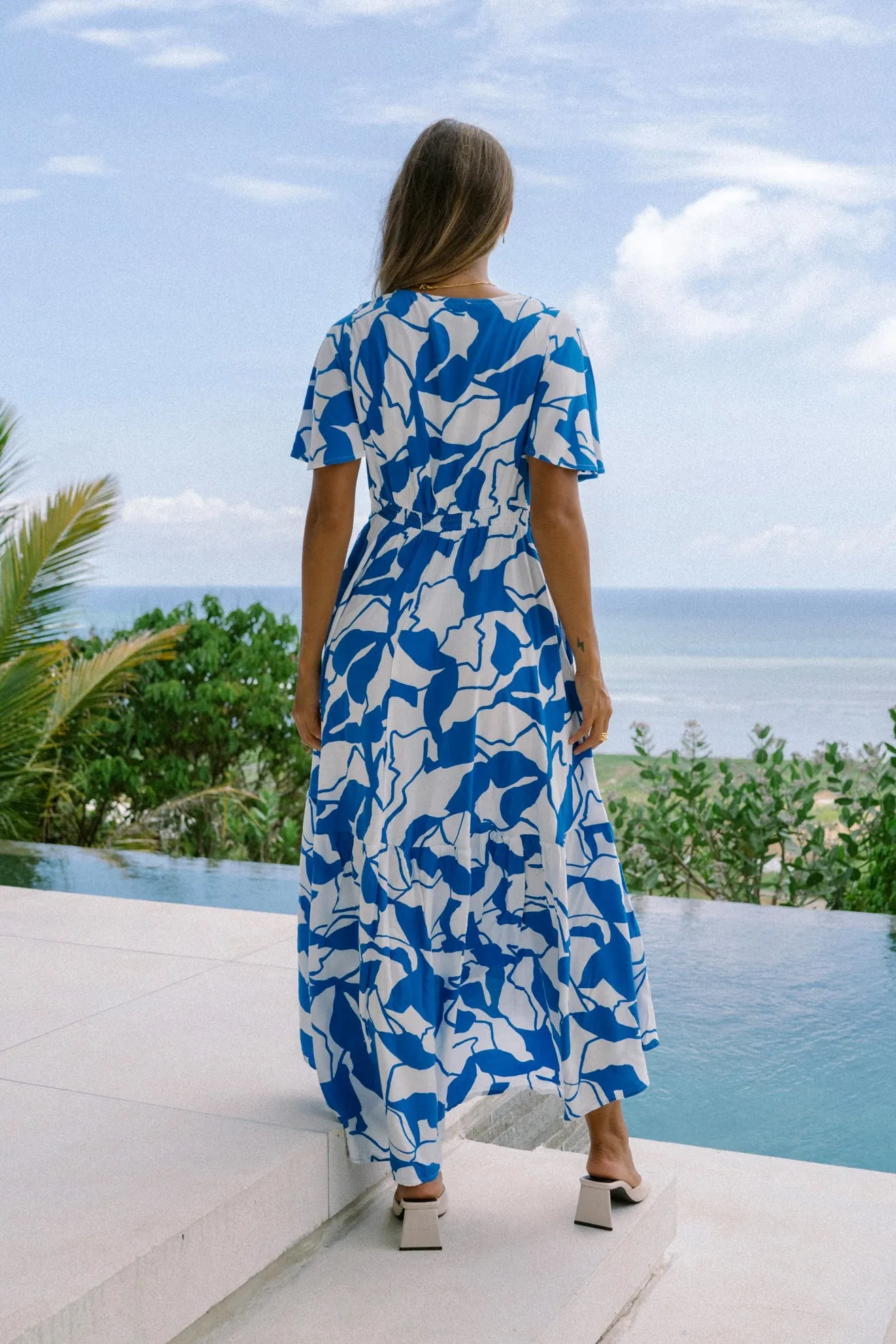 Calypso Blue Abstract High Low Maxi Dress