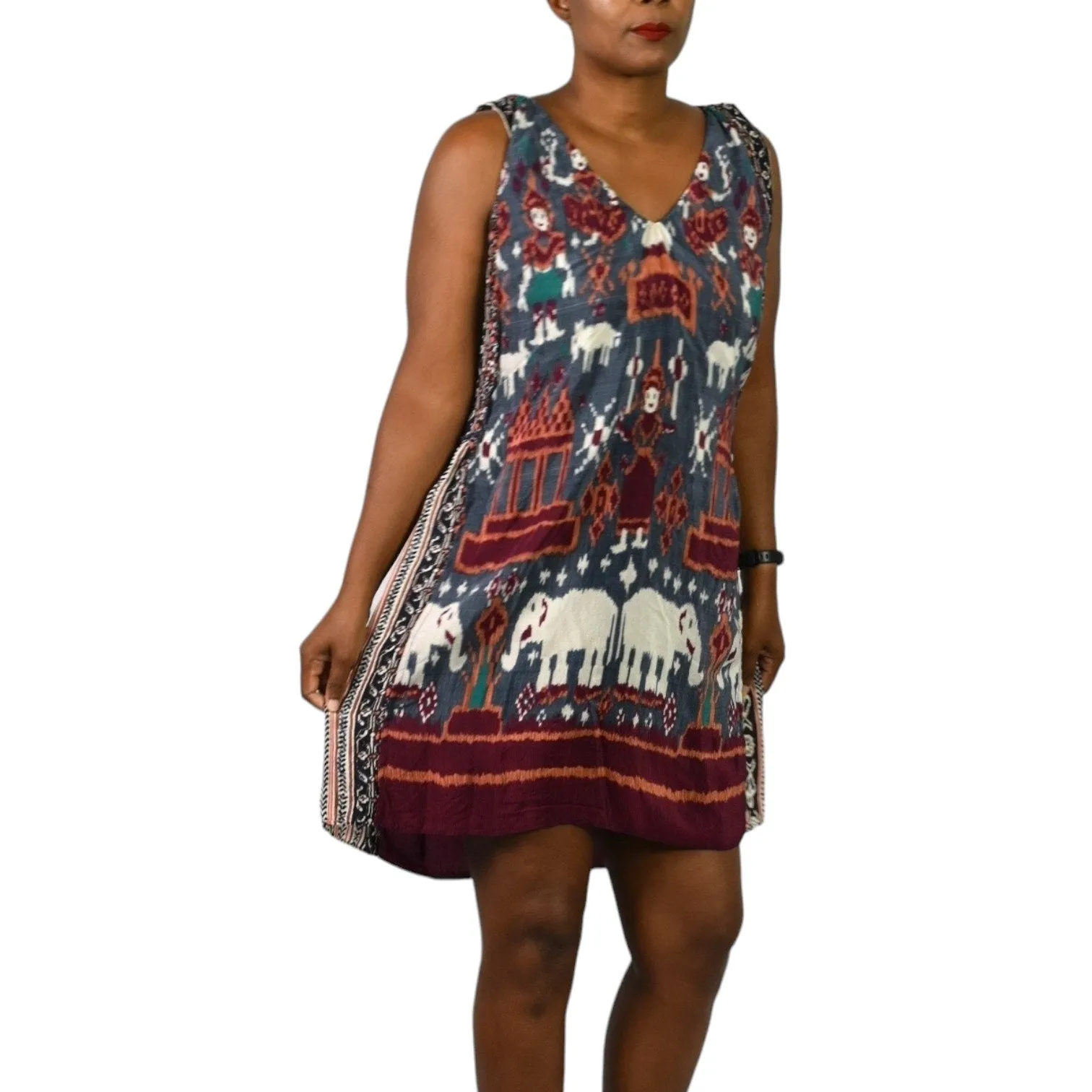 Calypso St Barth Doyah Silk Dress Red Ikat Tunic Elephant Print Jersey Bohemian Size Small