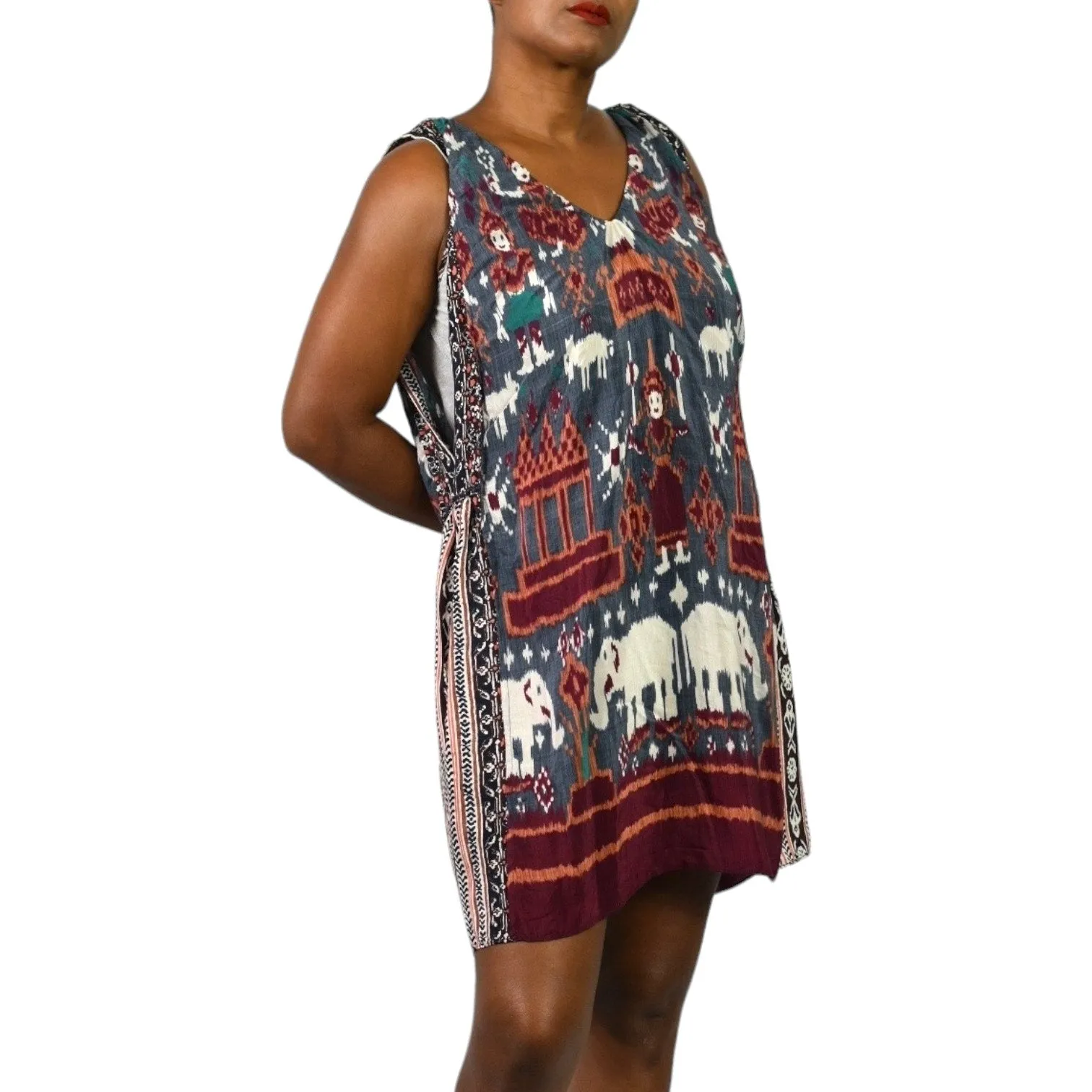 Calypso St Barth Doyah Silk Dress Red Ikat Tunic Elephant Print Jersey Bohemian Size Small