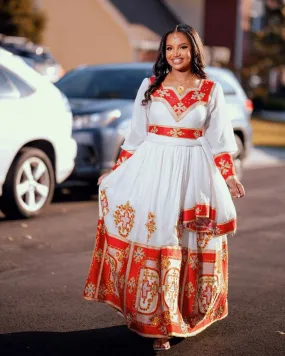 Captivating Red Habesha Dress for Grand Events: with Intricate Golden Design Traditional Ethiopian Dress