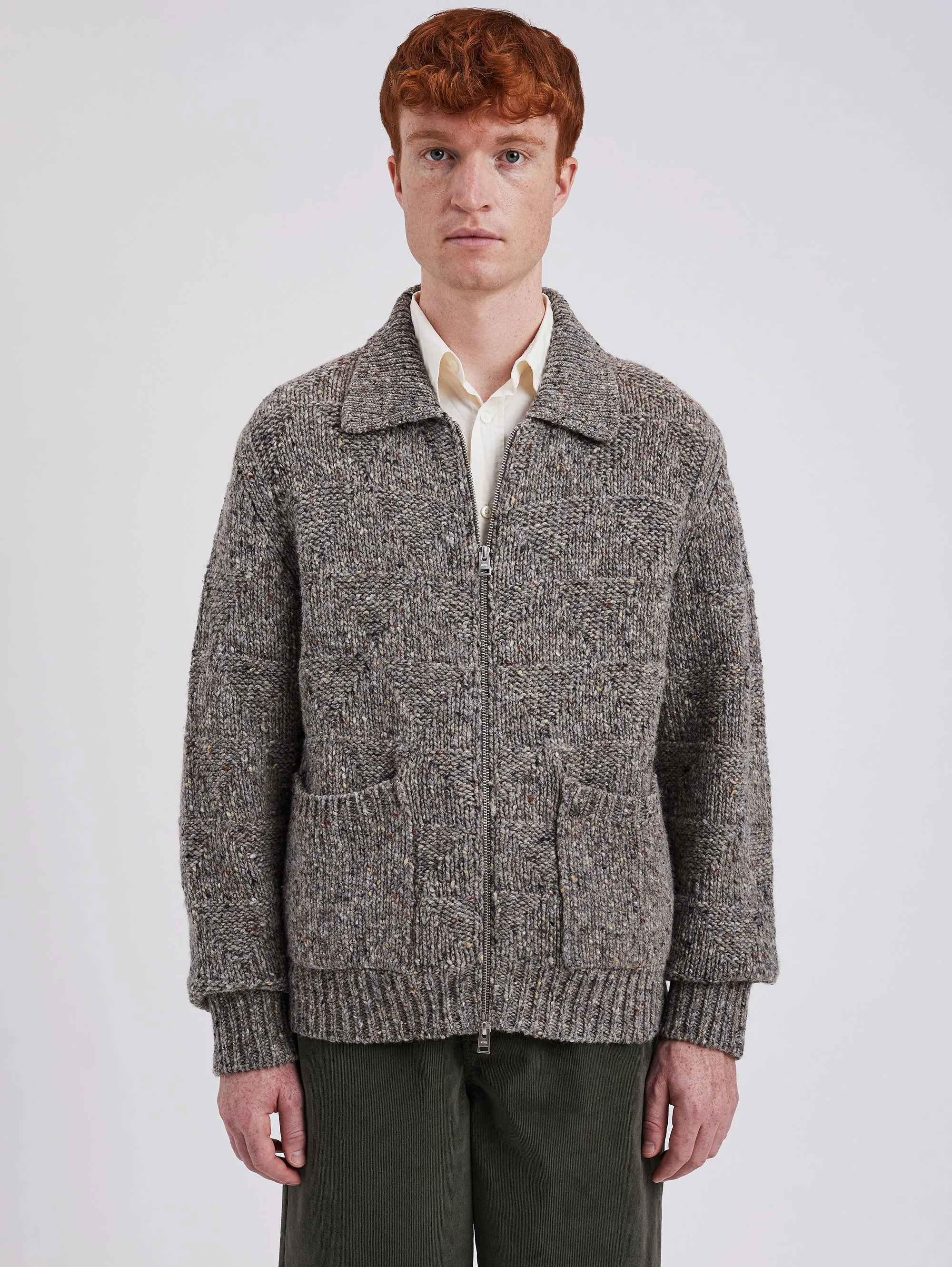 Cardigan Full Zip Lavorato a Maglia Grigio