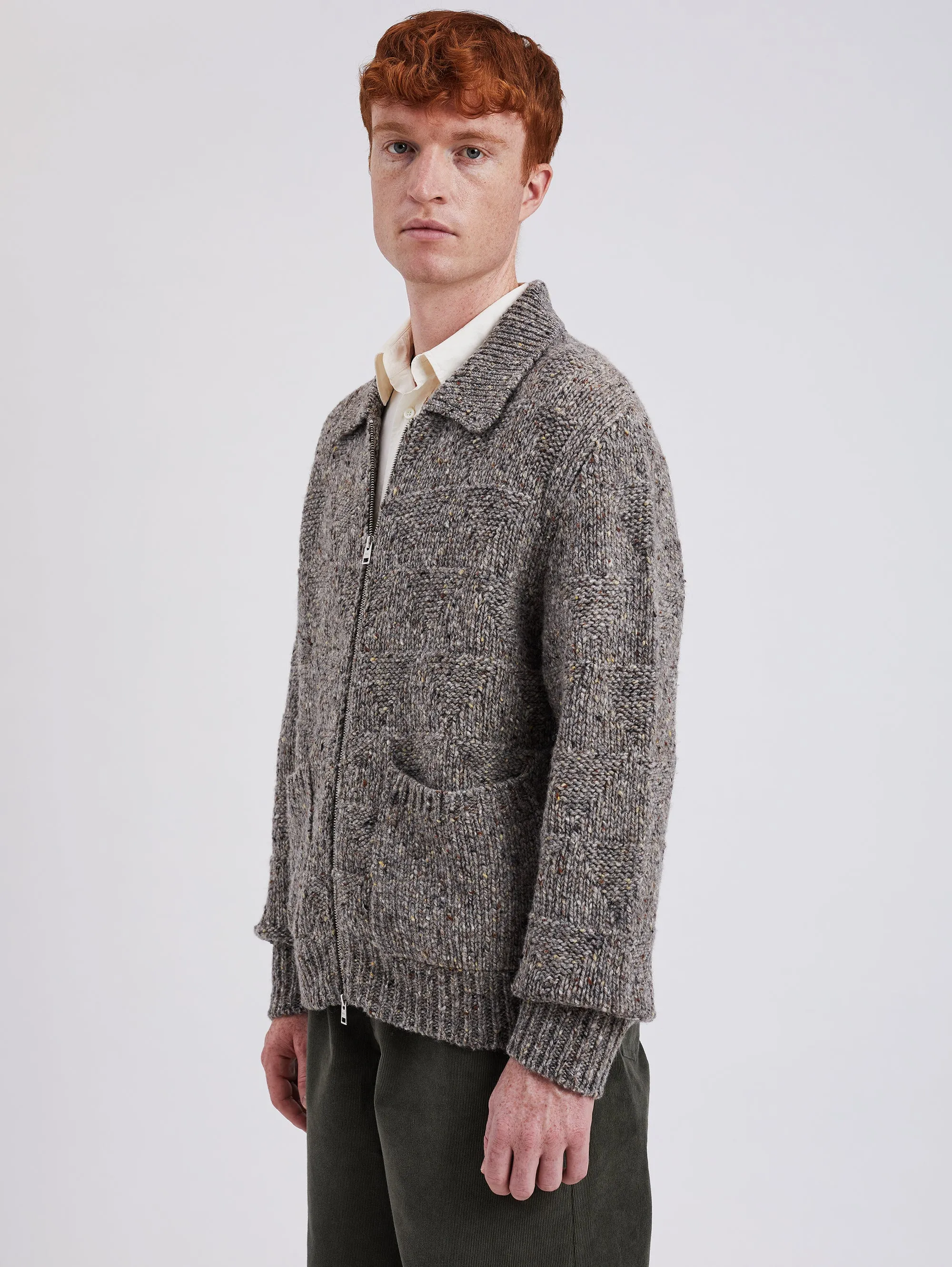 Cardigan Full Zip Lavorato a Maglia Grigio