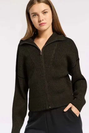 Carmen Rib Knit Zip Through - Dark Olive