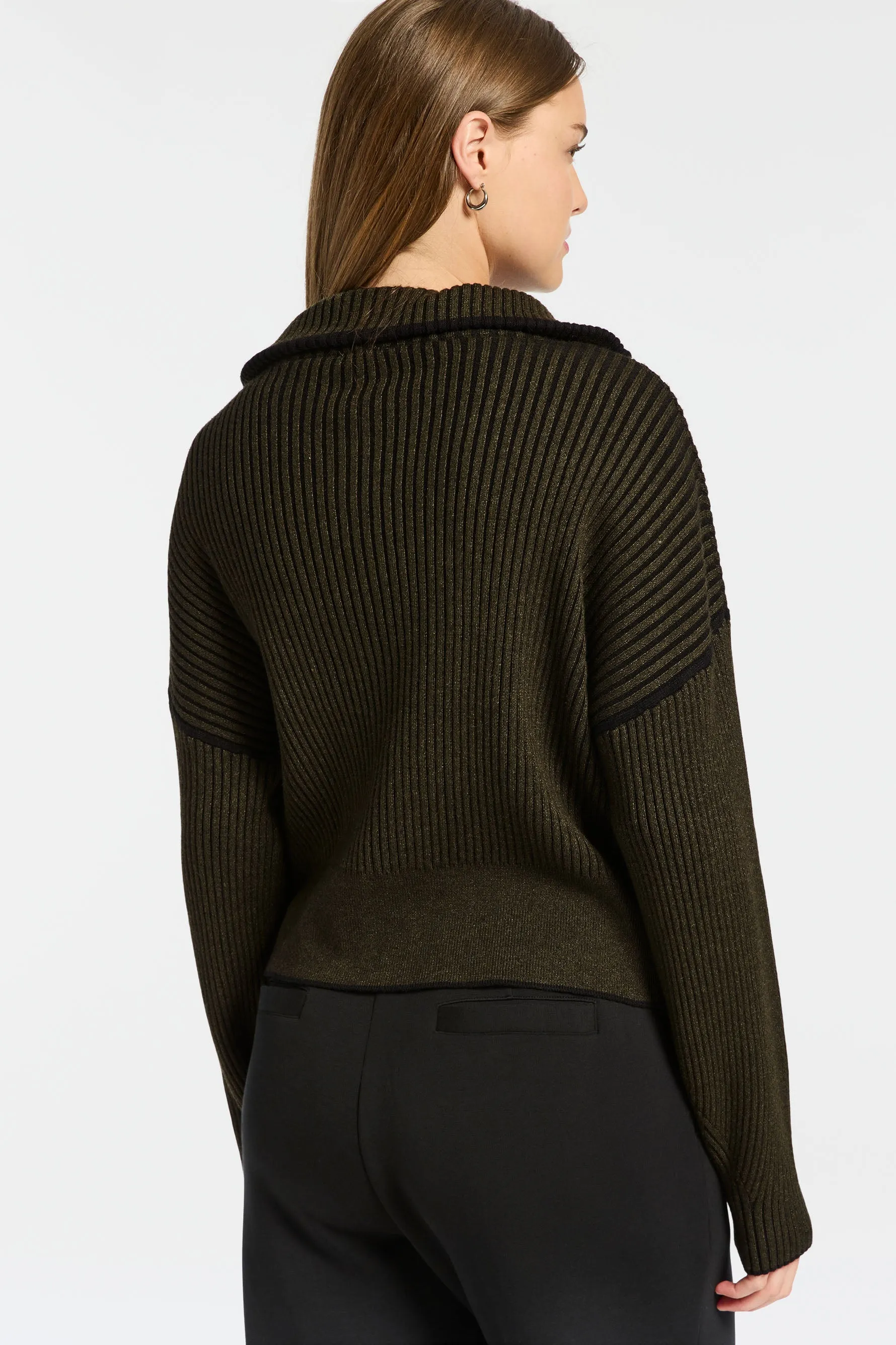 Carmen Rib Knit Zip Through - Dark Olive