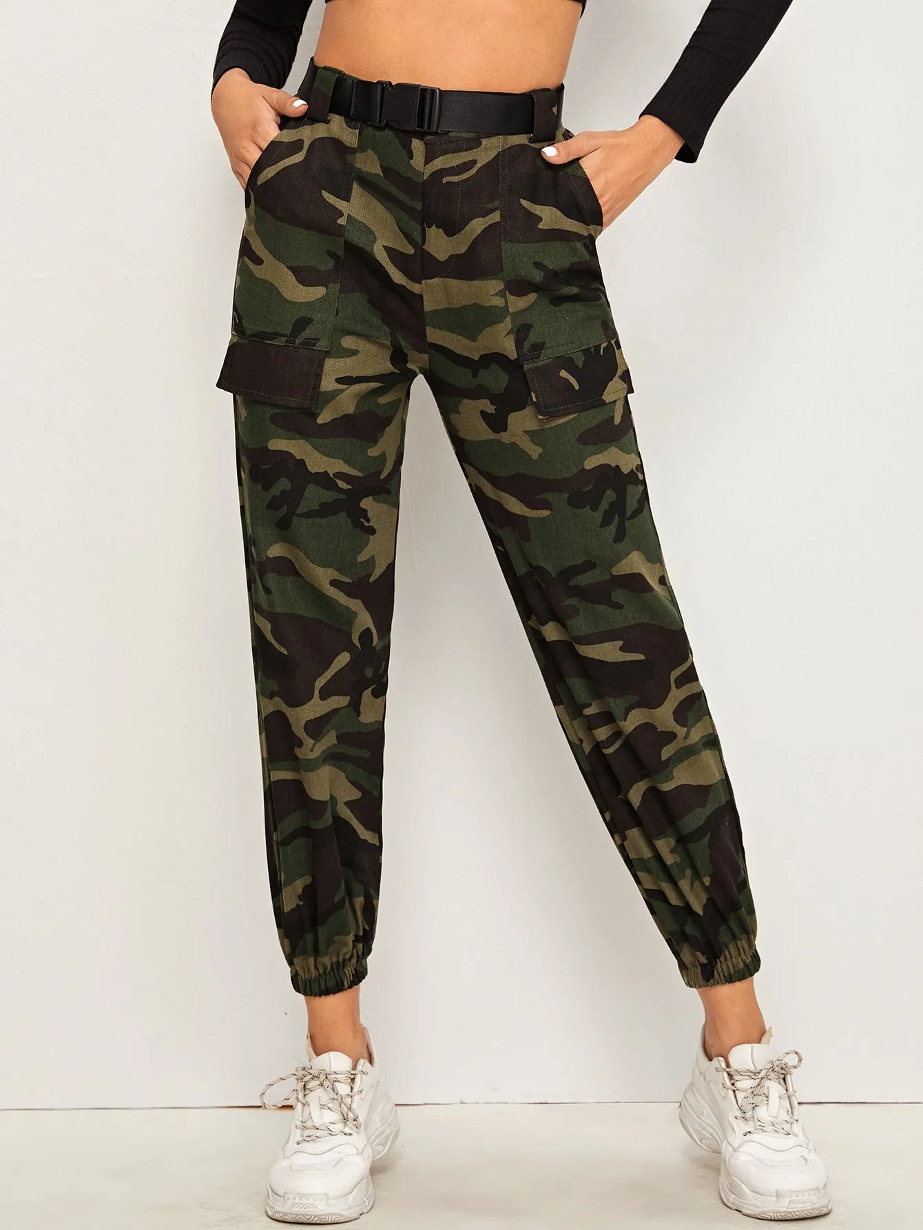 Casual Camo Belted Natural Cropped Women Pants