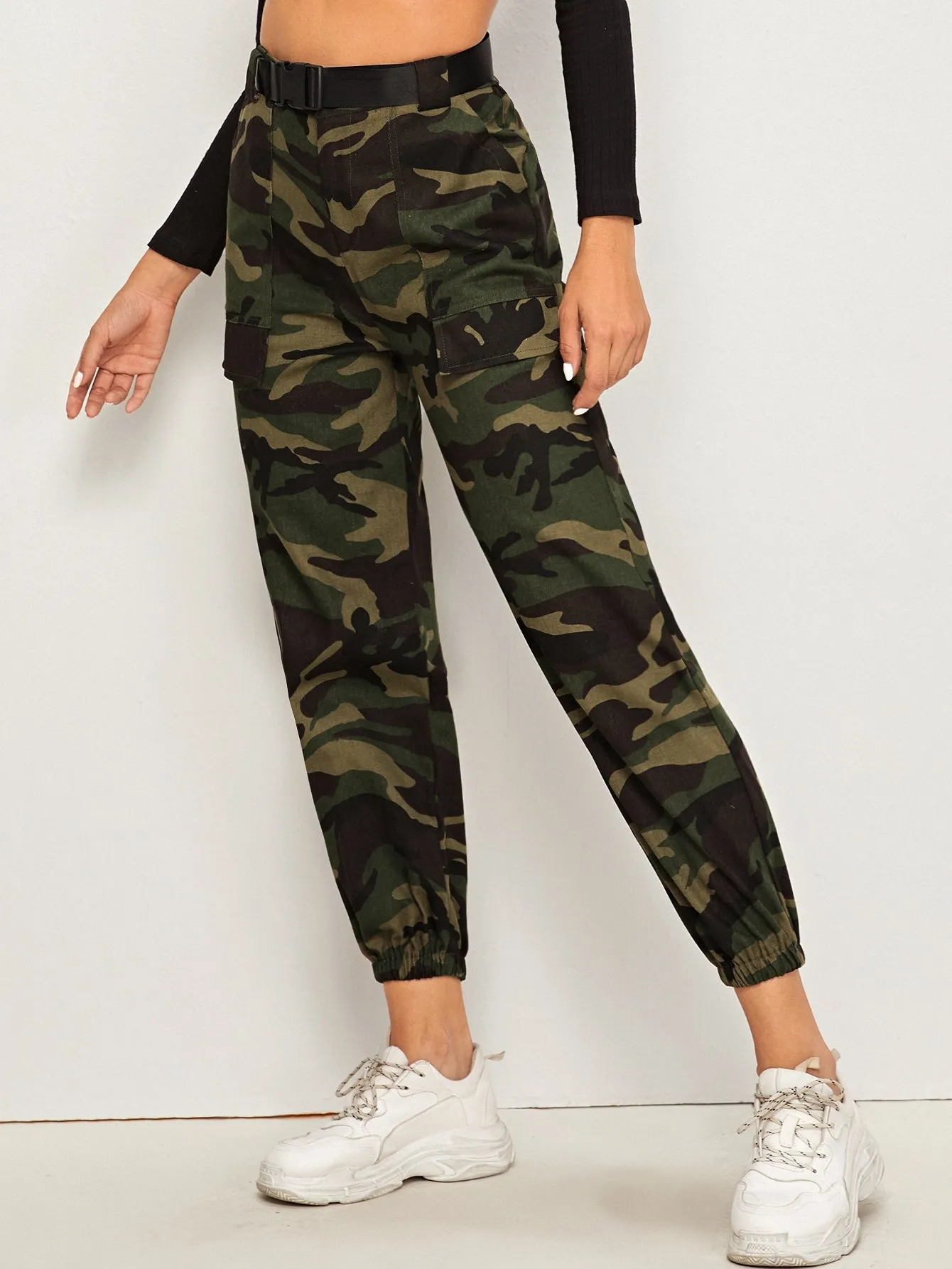 Casual Camo Belted Natural Cropped Women Pants