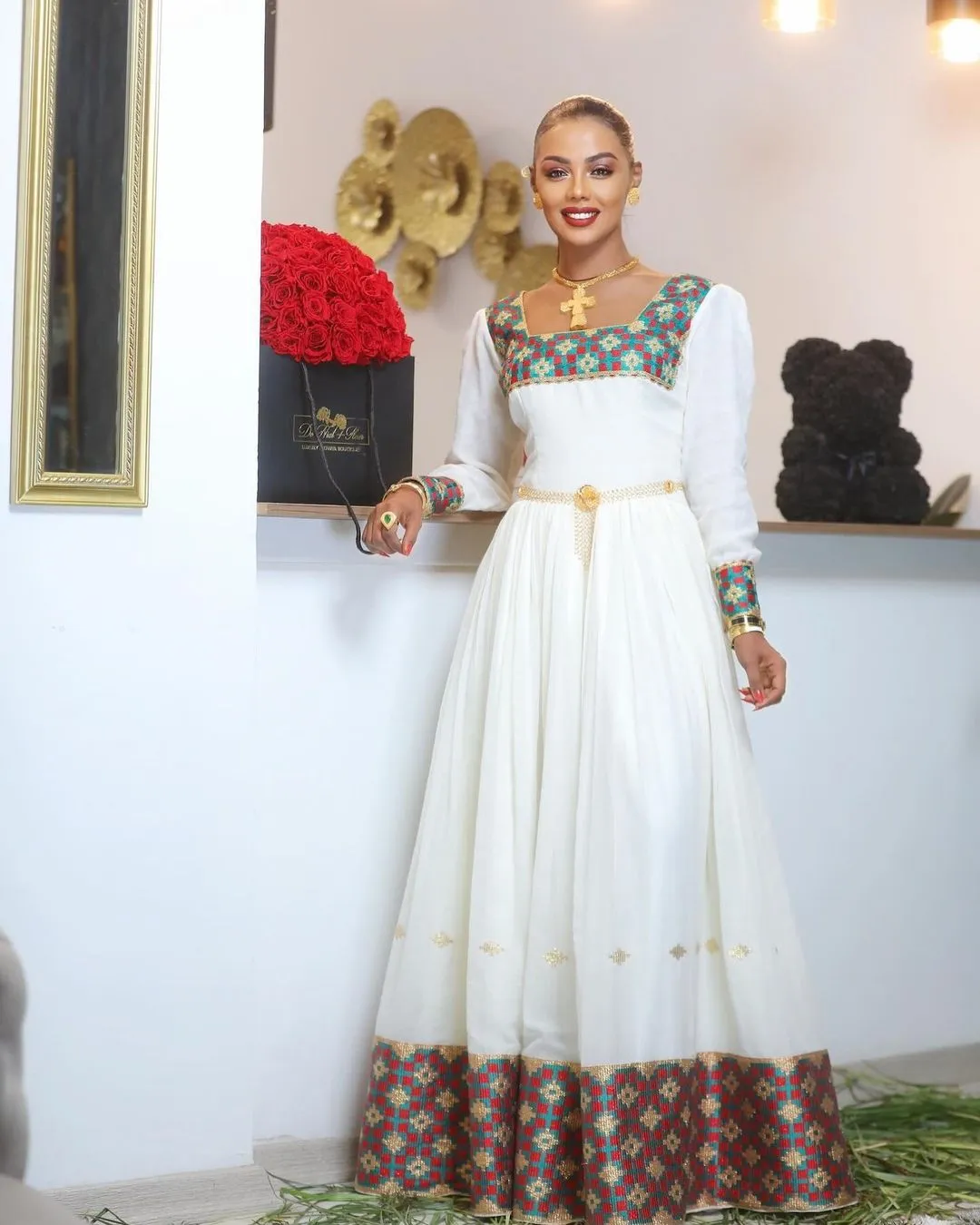 Chic Elegance: Gorgeous Habesha Dress with Exquisite Patterns in Menen Fabric and Cotton Blend