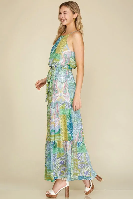 Chiffon Patchwork Tiered Maxi Dress - Lime/Blue