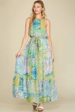 Chiffon Patchwork Tiered Maxi Dress - Lime/Blue