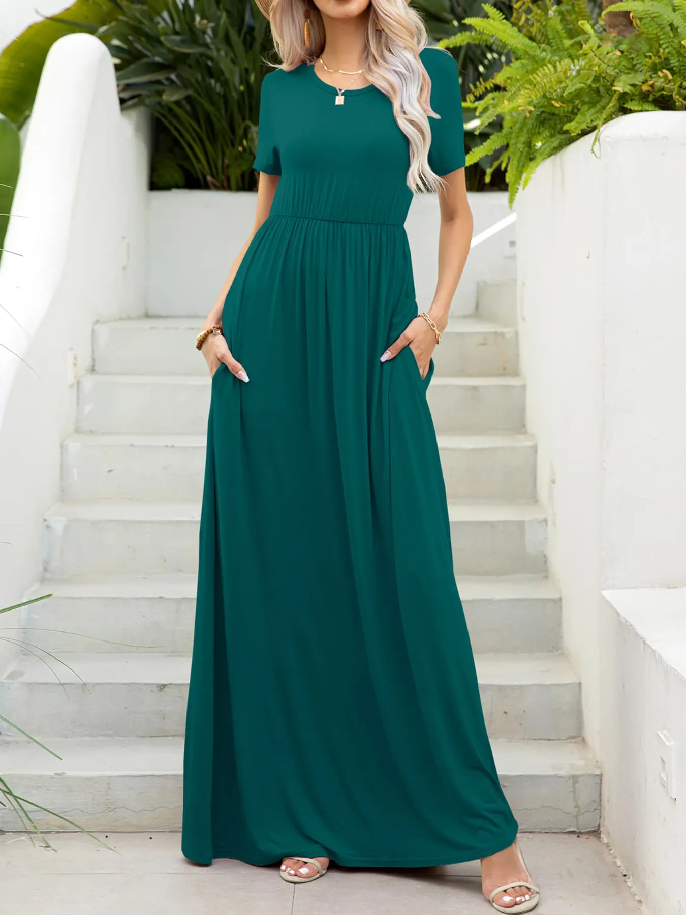 Classic Short Sleeve Maxi Dress with Pockets