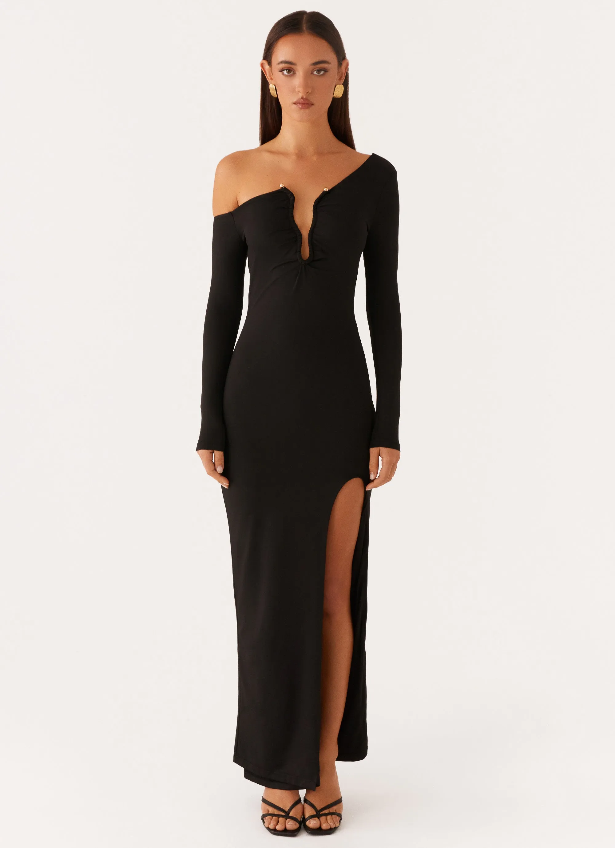 Claudette Asymmetric Long Sleeve Maxi Dress - Black