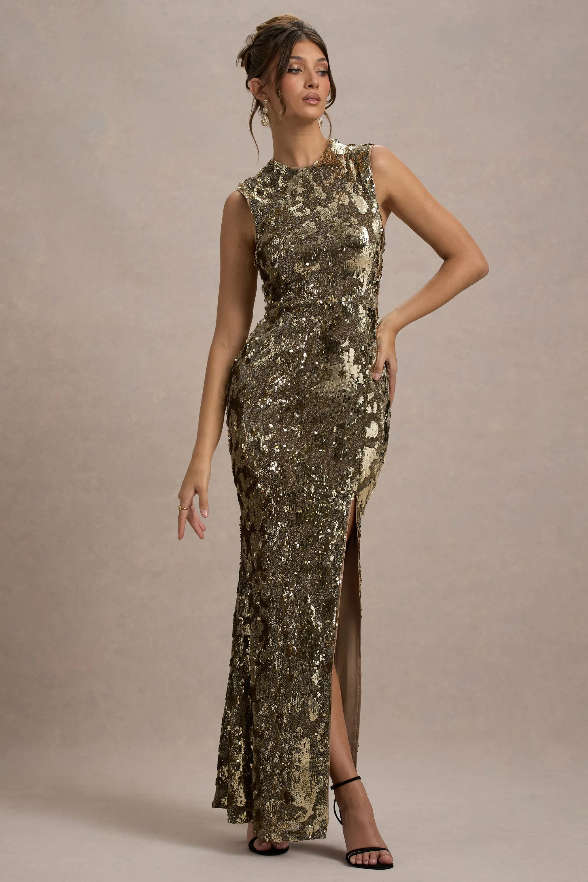 Cleopatra | Gold Sequin Split Maxi Dress