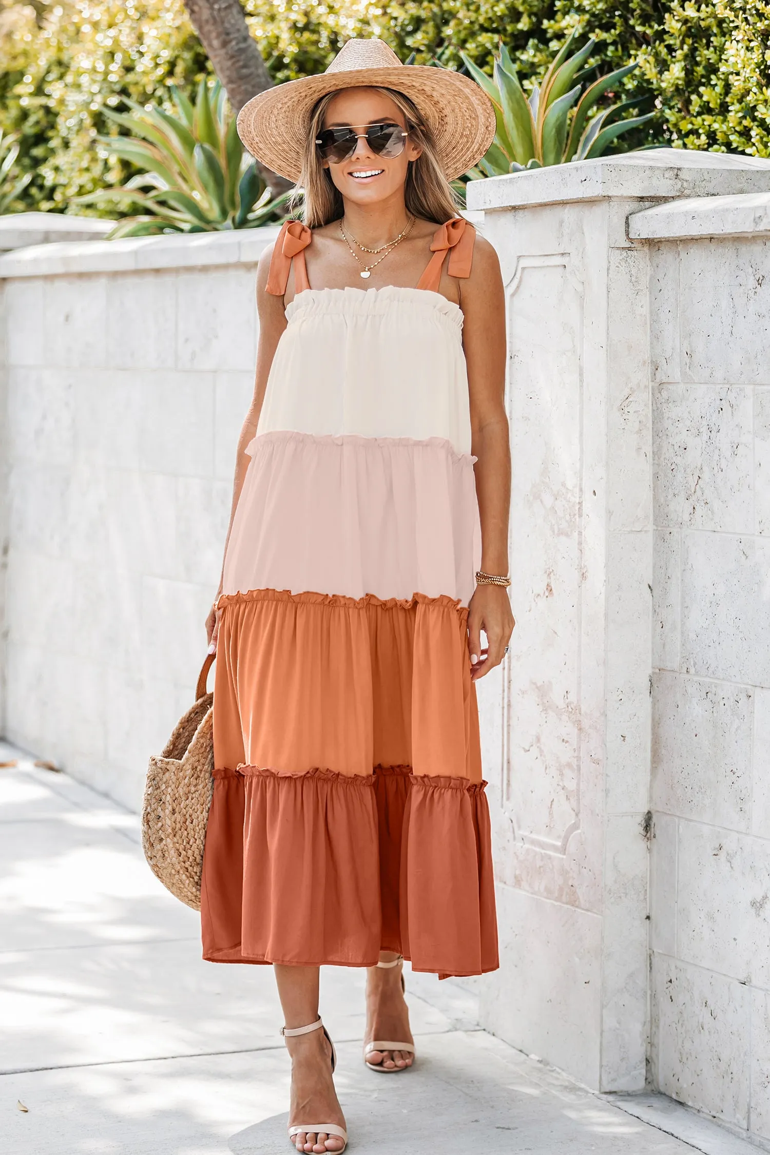 Colorblock Ruffled Tie Strap Maxi Dress