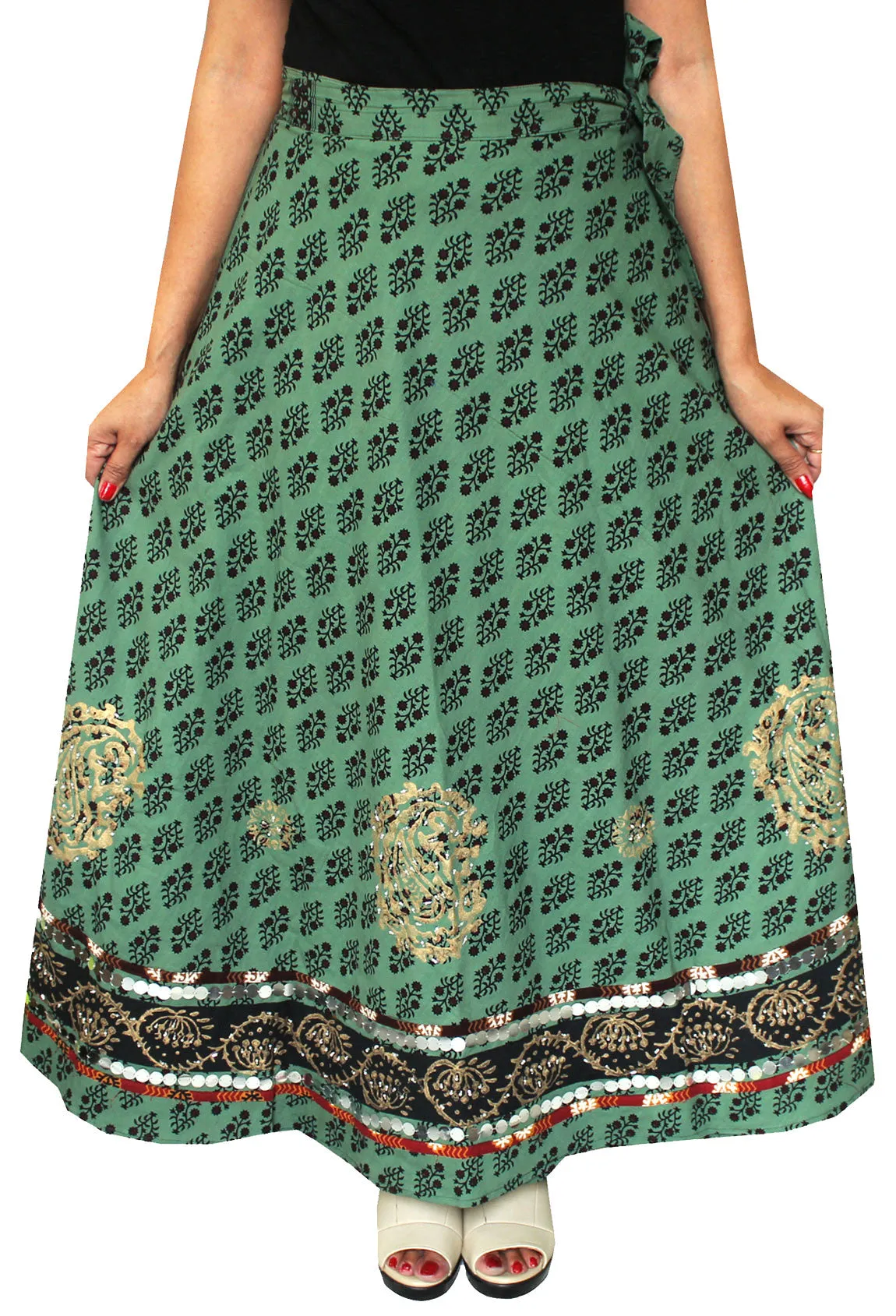 Cotton Wrap Around Womens Long Skirt Maxi India Clothing (Green)