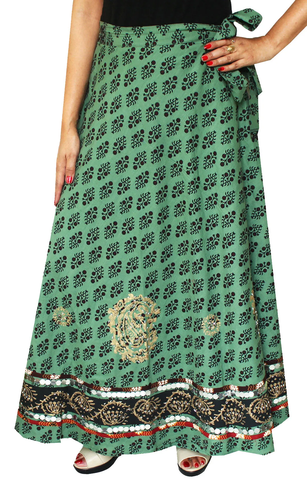 Cotton Wrap Around Womens Long Skirt Maxi India Clothing (Green)