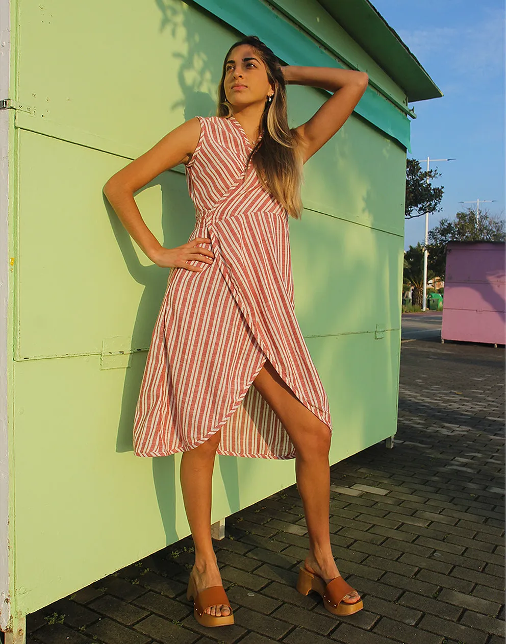 Cotton Wrap Dress in Red & White Stripe