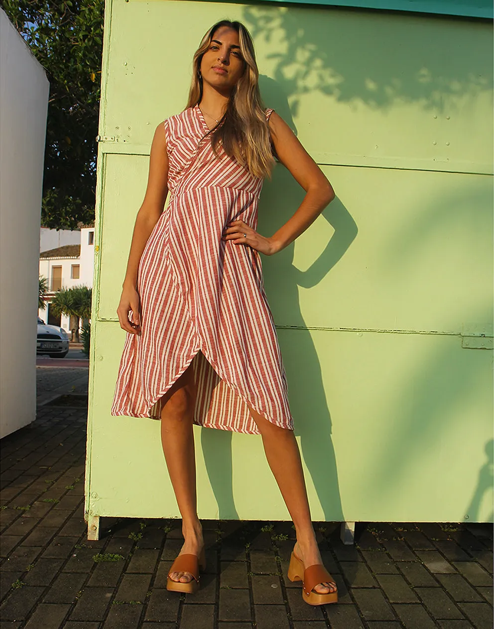 Cotton Wrap Dress in Red & White Stripe