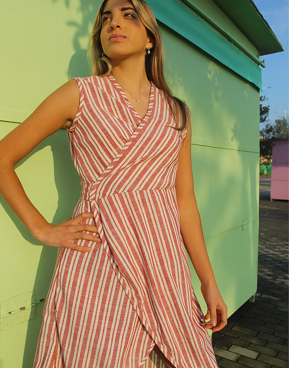 Cotton Wrap Dress in Red & White Stripe