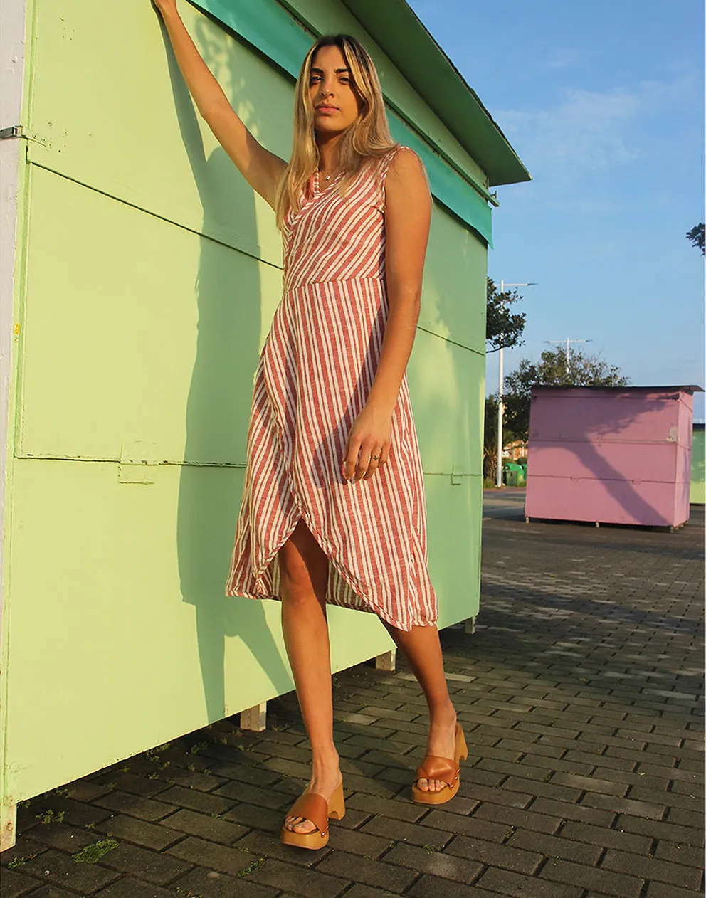 Cotton Wrap Dress in Red & White Stripe