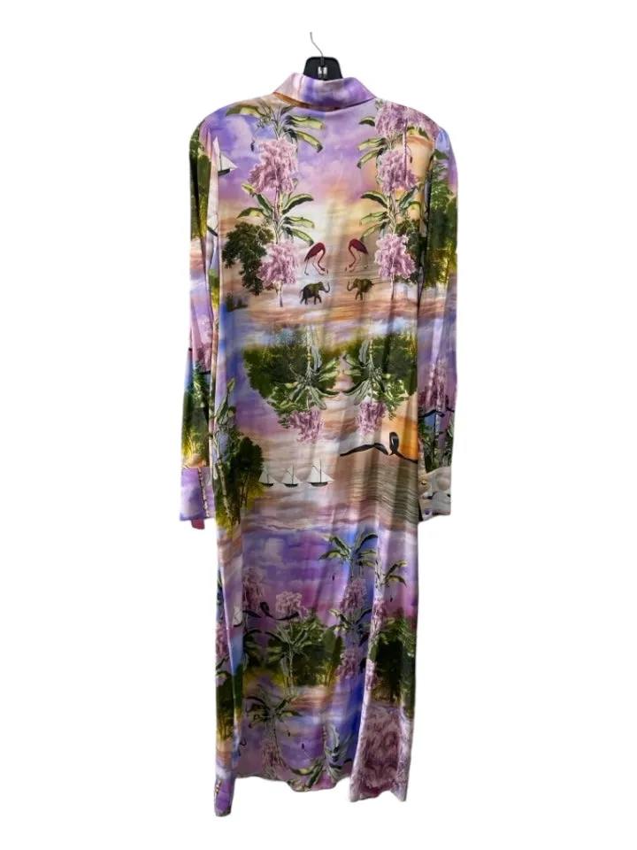 Cynthia Rowley Size L Purple, Pink, Green Silk Tropical Button Down Maxi Dress