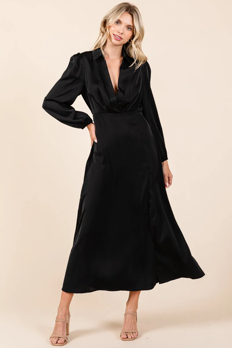 Deep V Neck Collared Split Satin Midi Wrap Dress