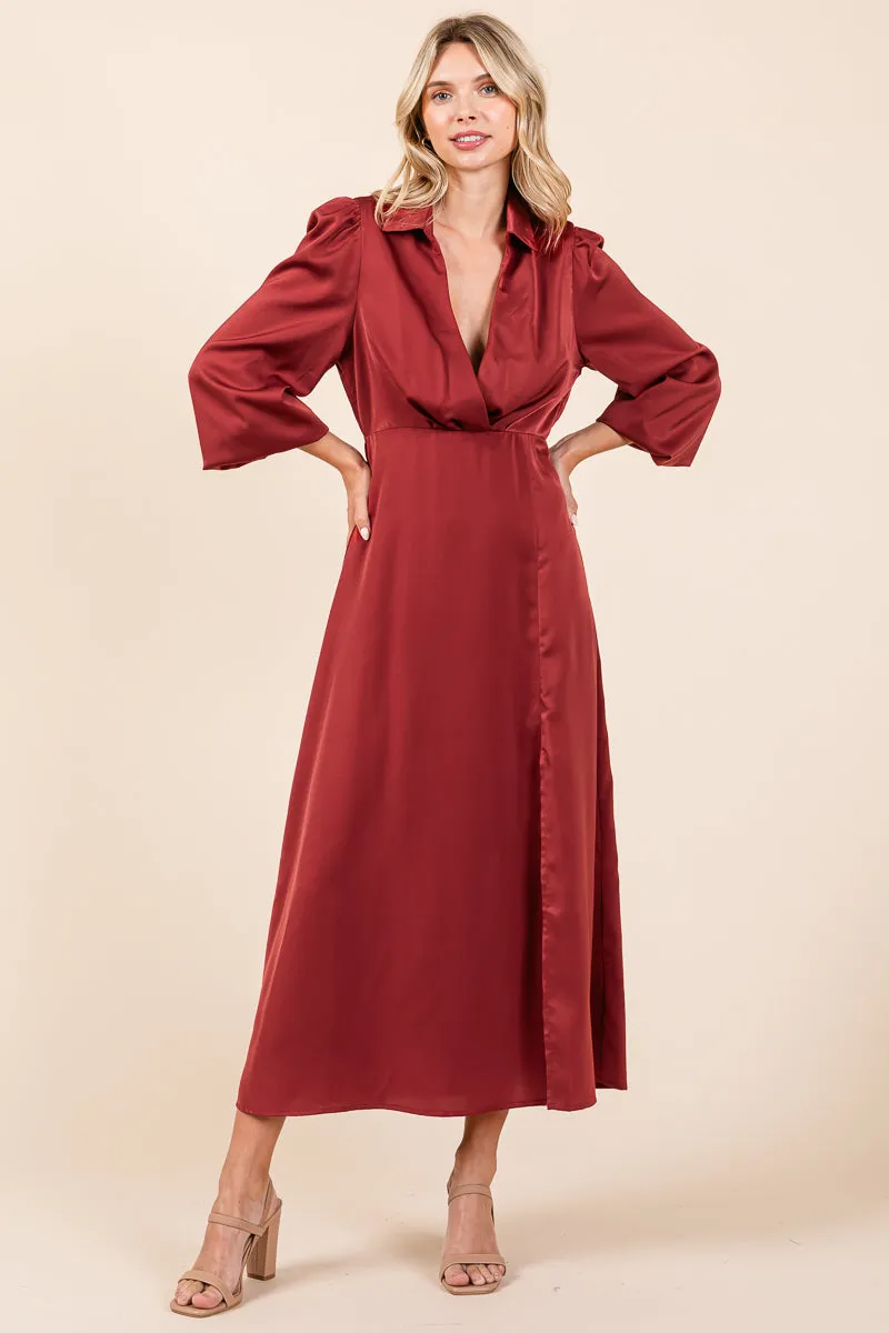 Deep V Neck Collared Split Satin Midi Wrap Dress