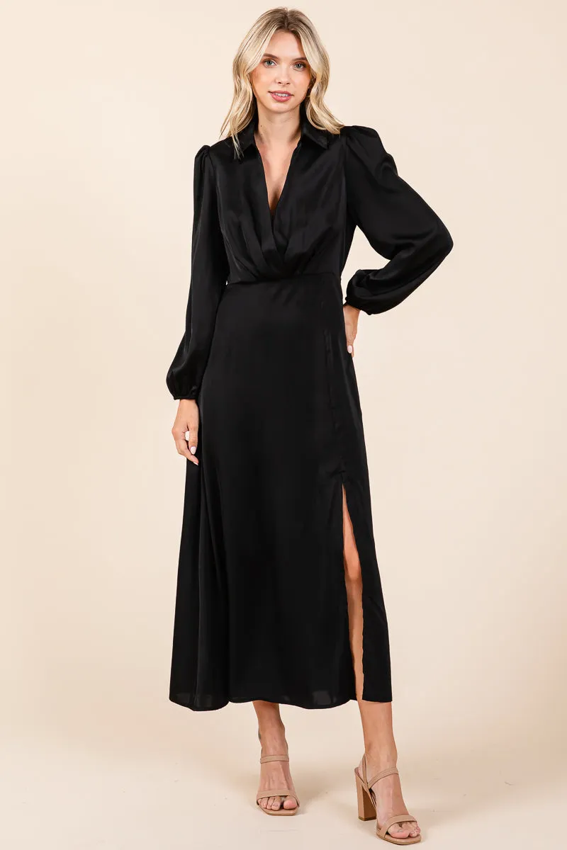 Deep V Neck Collared Split Satin Midi Wrap Dress