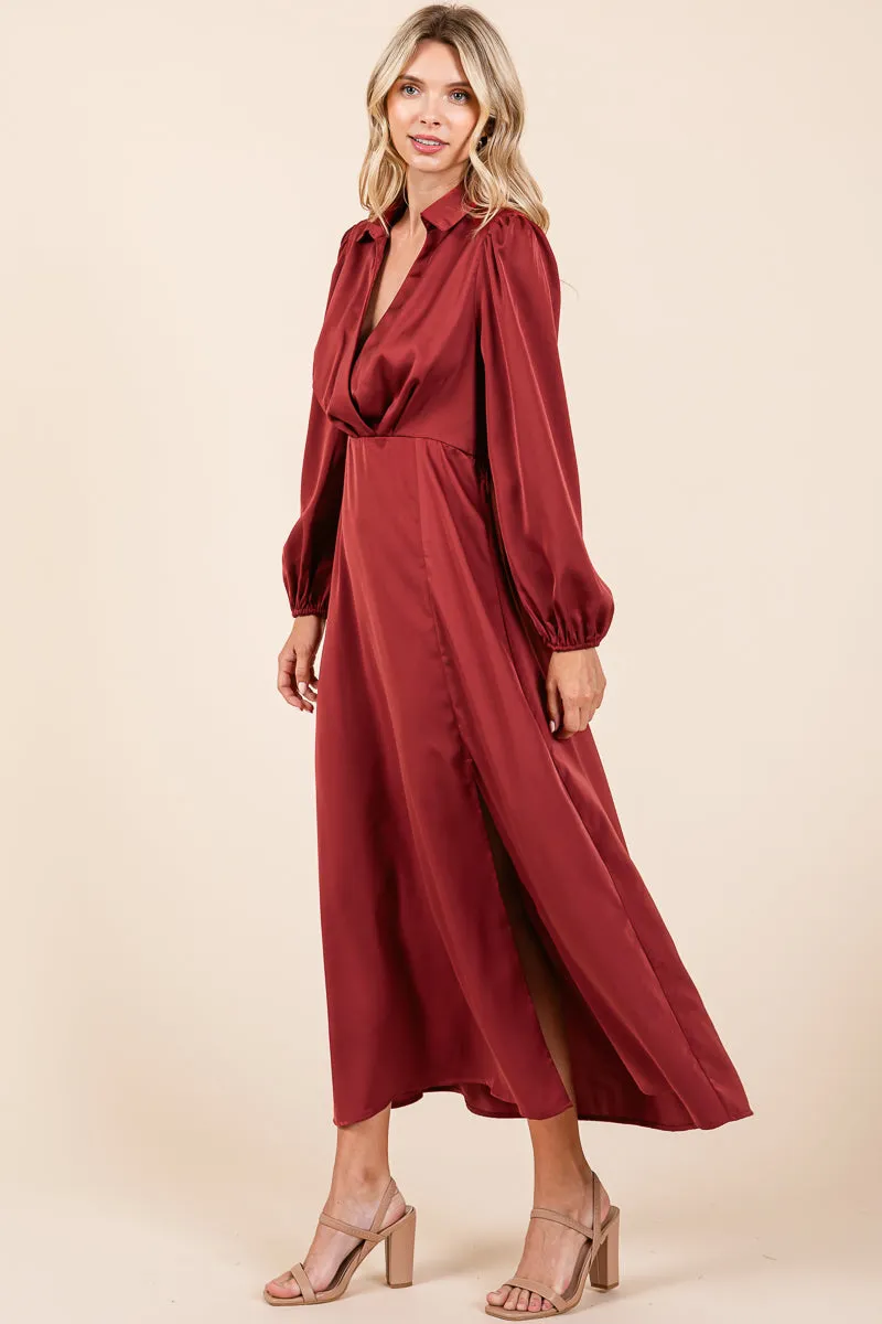 Deep V Neck Collared Split Satin Midi Wrap Dress