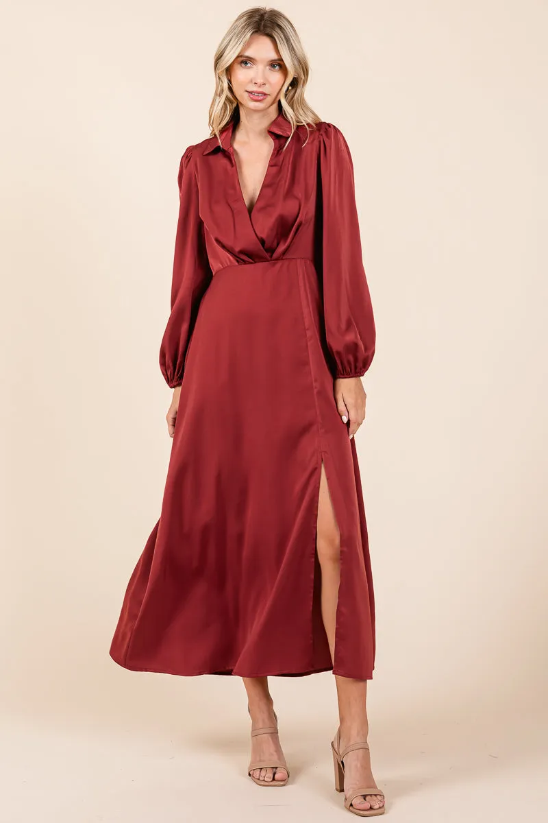 Deep V Neck Collared Split Satin Midi Wrap Dress