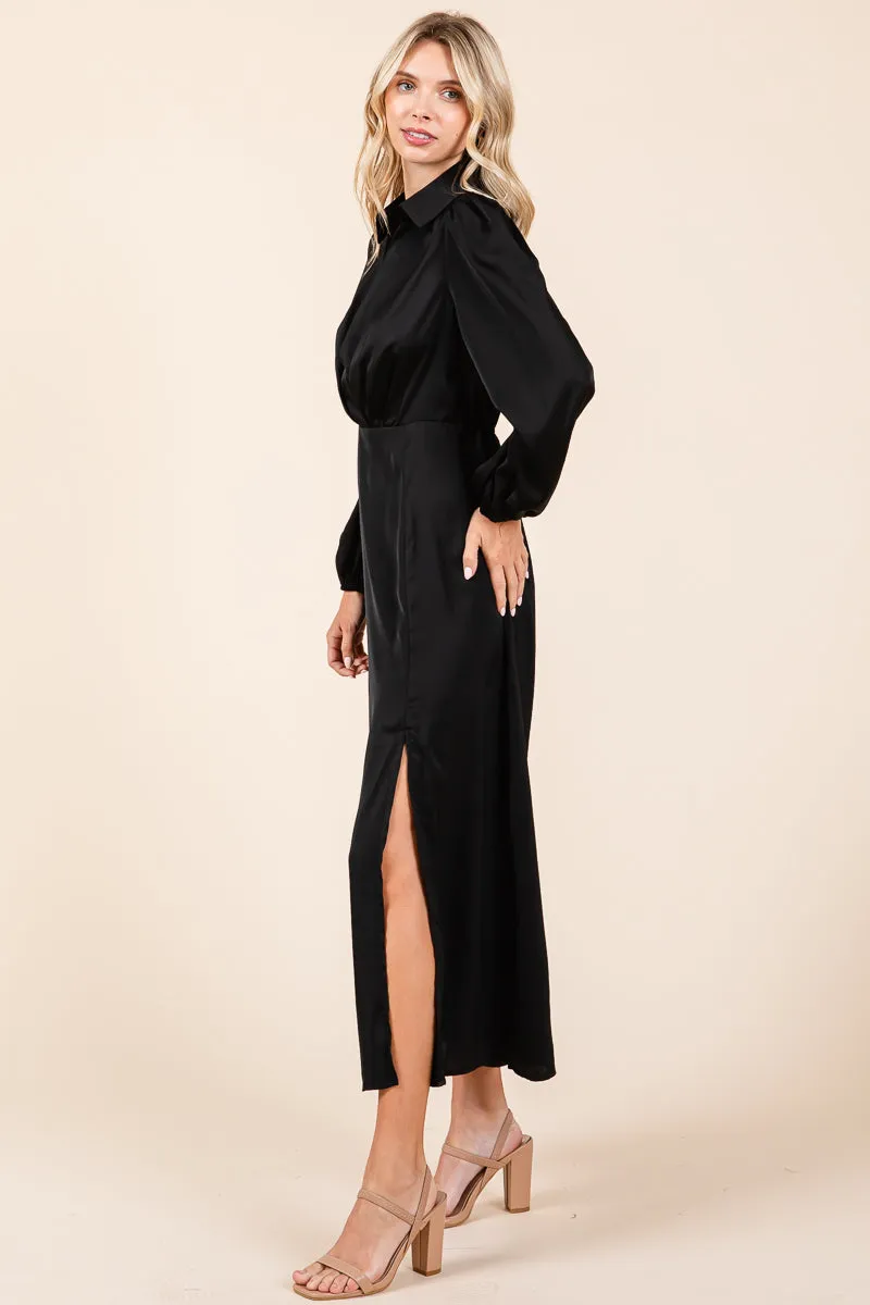 Deep V Neck Collared Split Satin Midi Wrap Dress