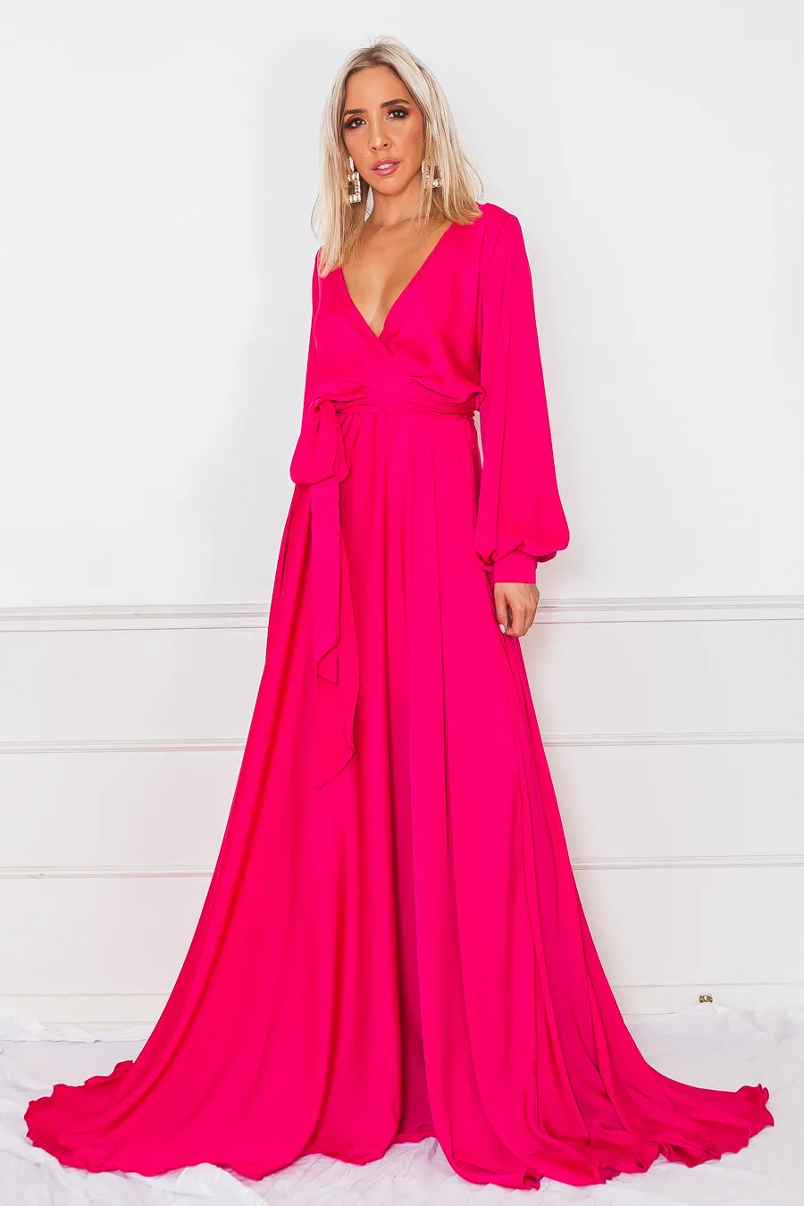 Deep-V Satin Maxi Dress - Fuchsia