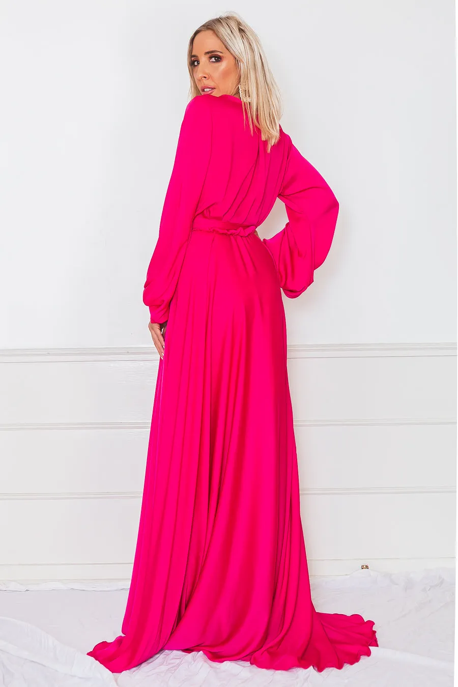 Deep-V Satin Maxi Dress - Fuchsia