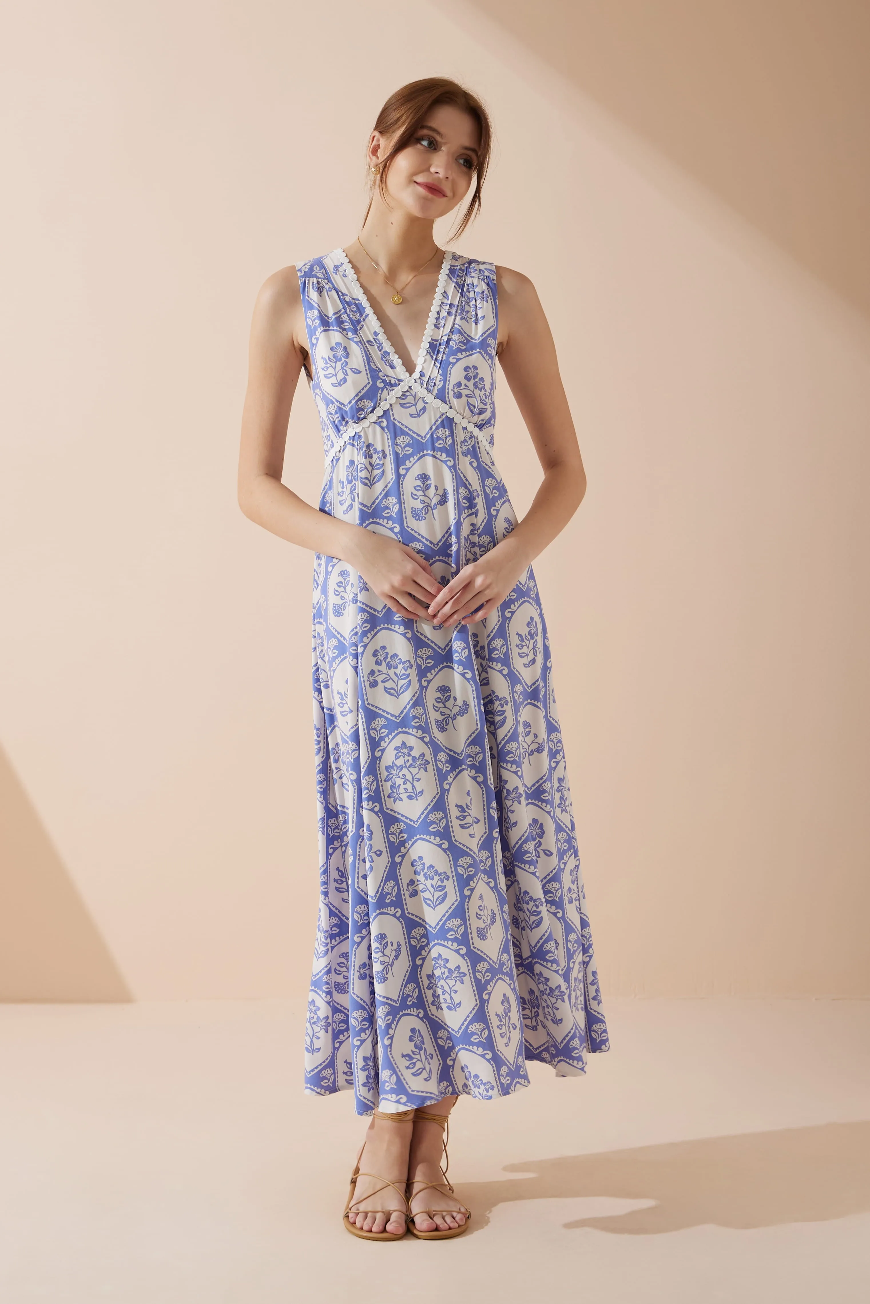 Delilah Blue Floral V-Neck Maxi Dress