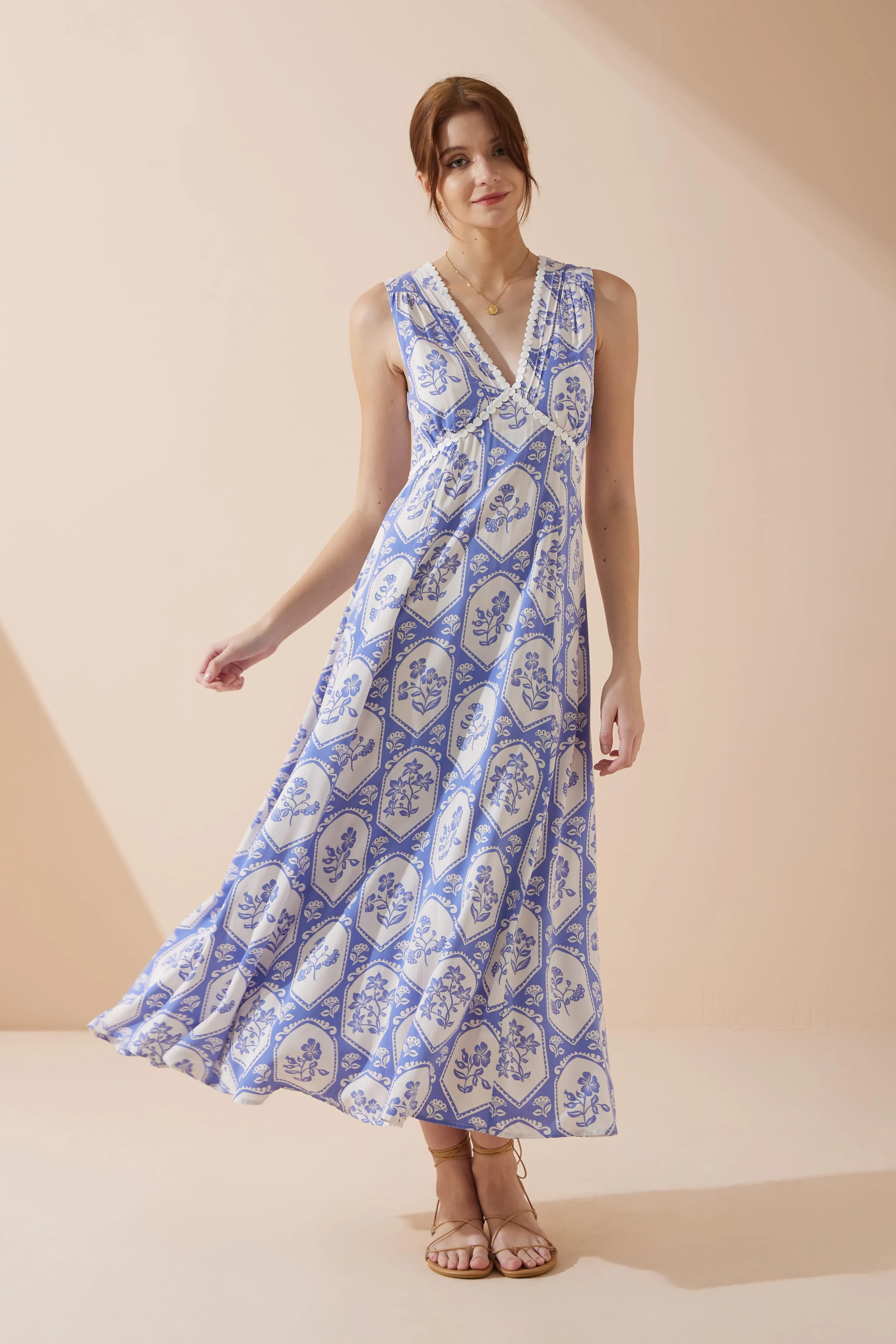 Delilah Blue Floral V-Neck Maxi Dress