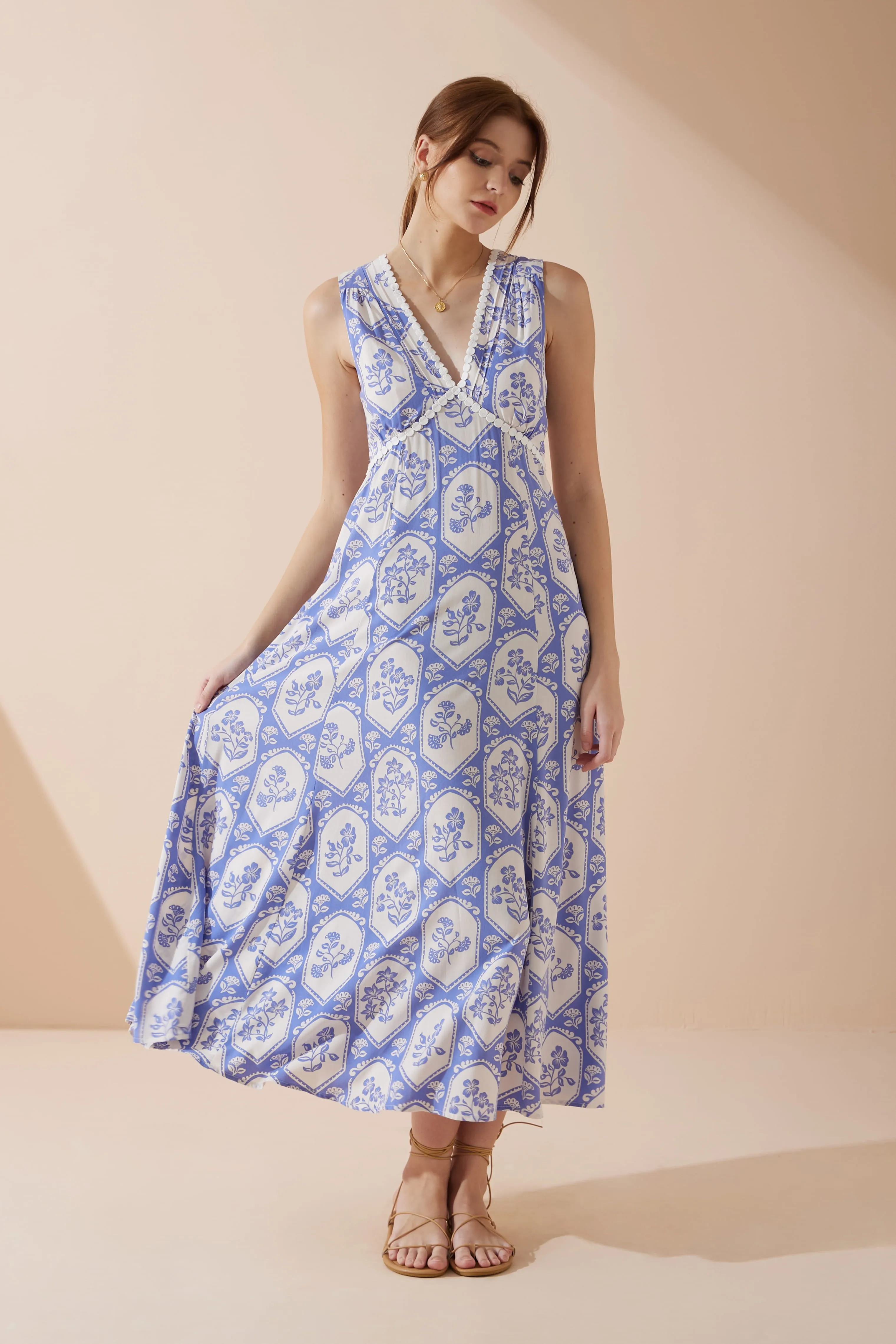 Delilah Blue Floral V-Neck Maxi Dress