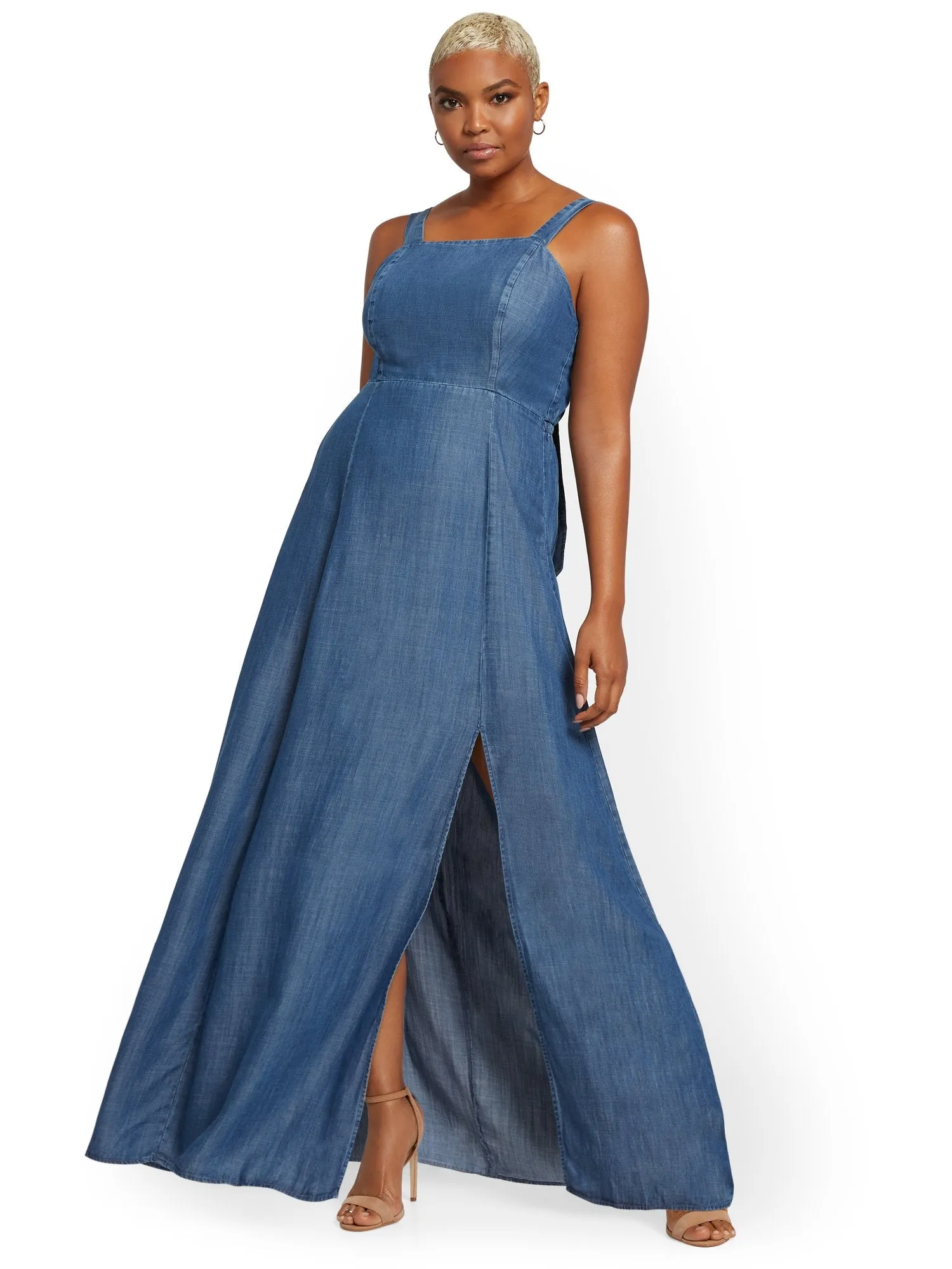 Denim Tie-Back Maxi Dress