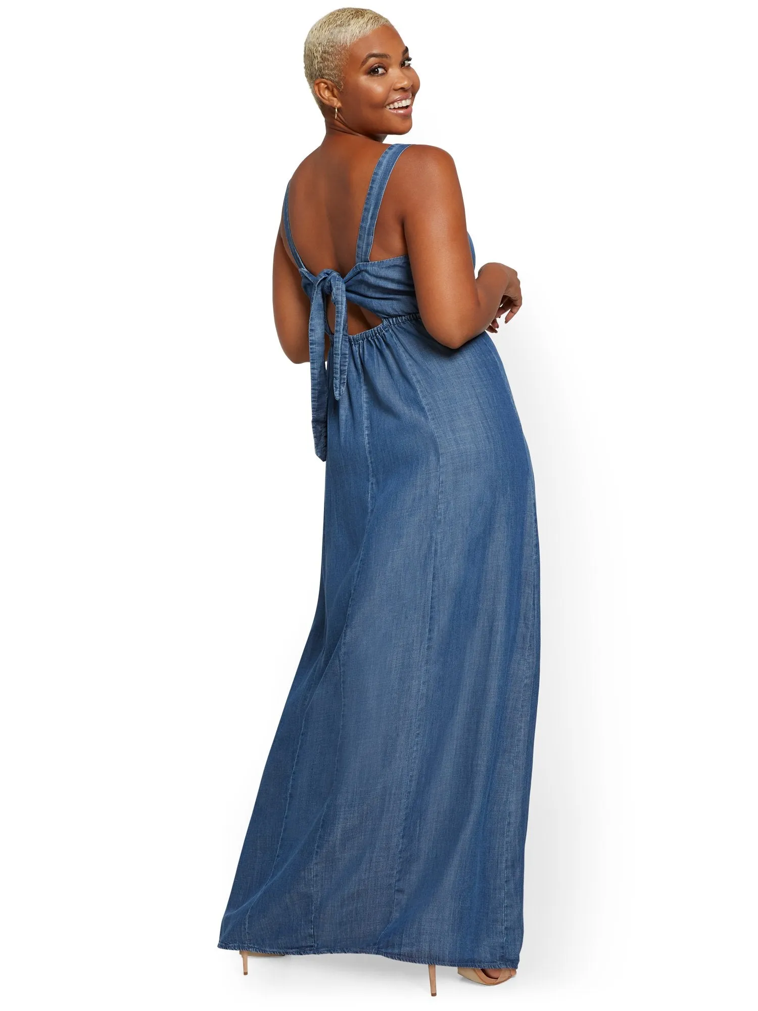 Denim Tie-Back Maxi Dress