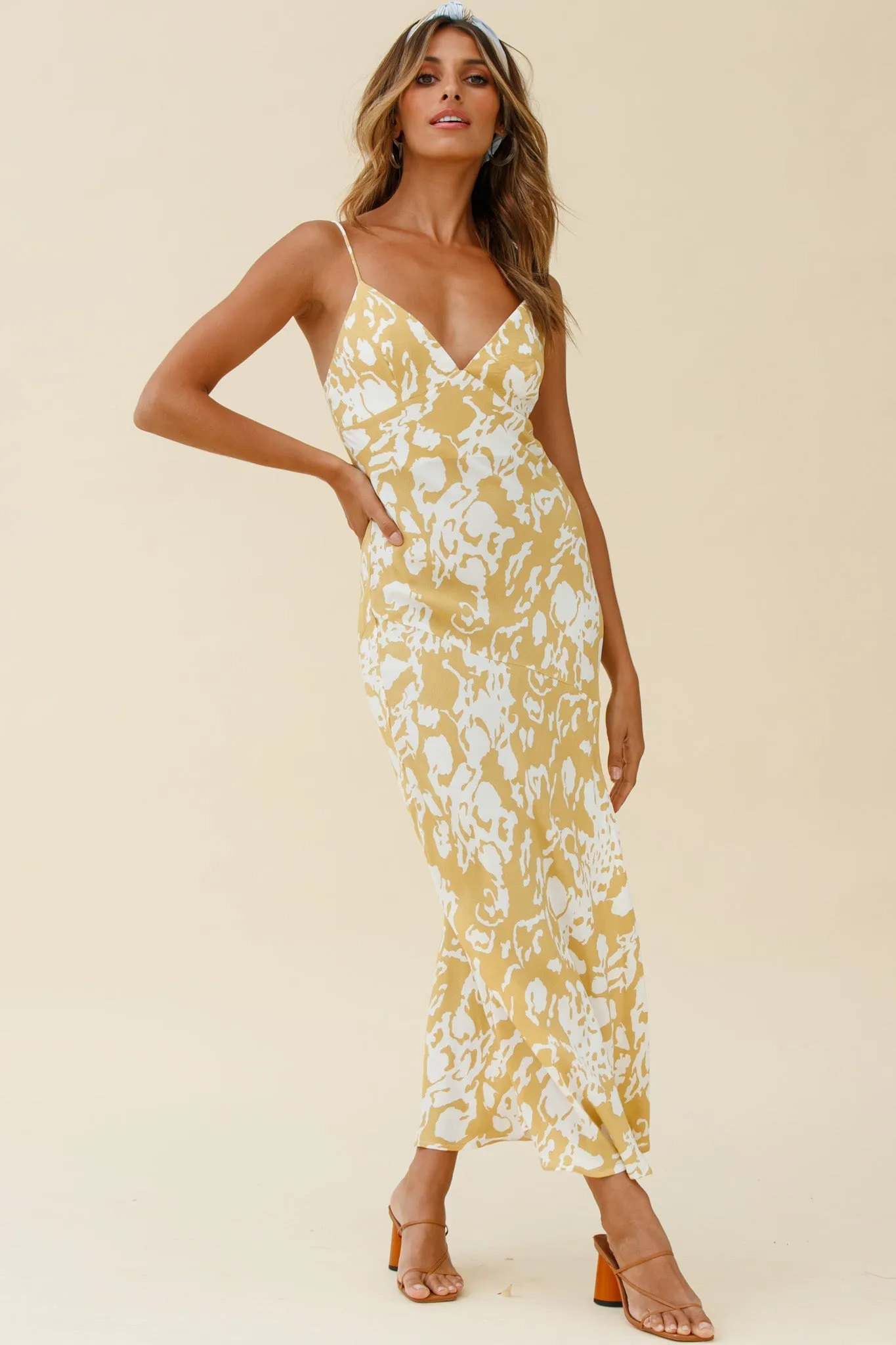 Downtown Cami Strap Front Split Midi Dress Stencil Print Mustard