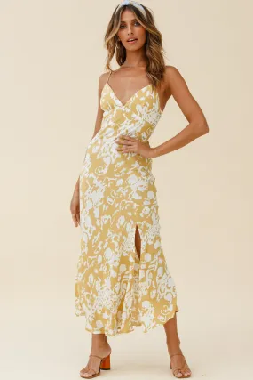 Downtown Cami Strap Front Split Midi Dress Stencil Print Mustard