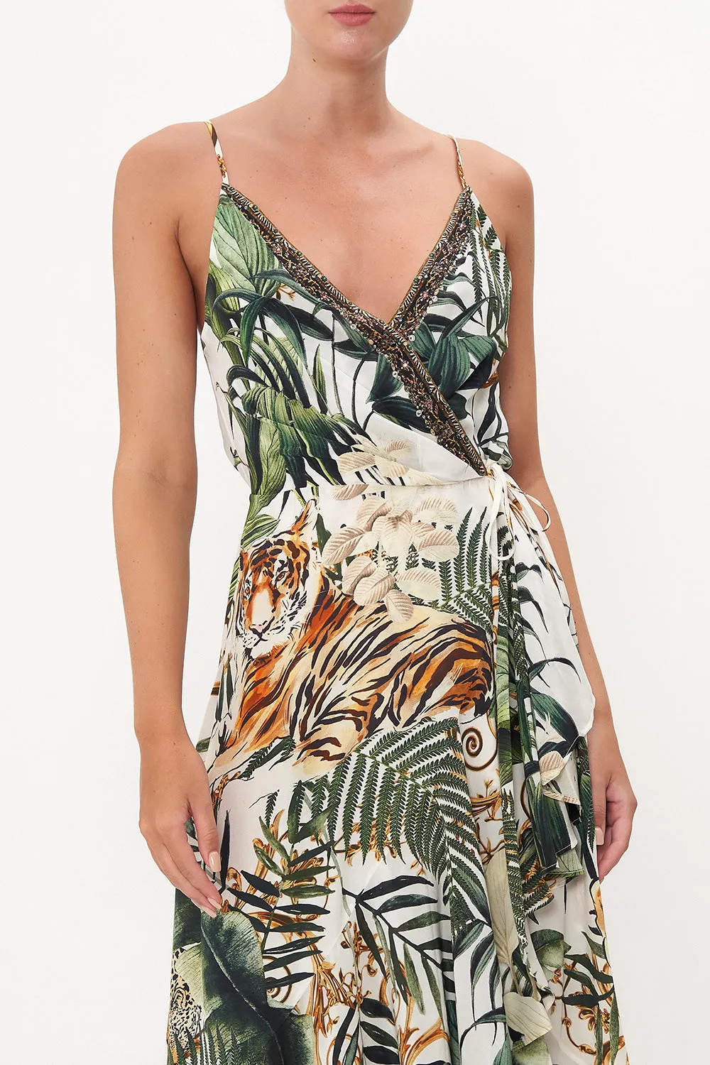 DRAPED FRONT WRAP DRESS TIGER TRAP